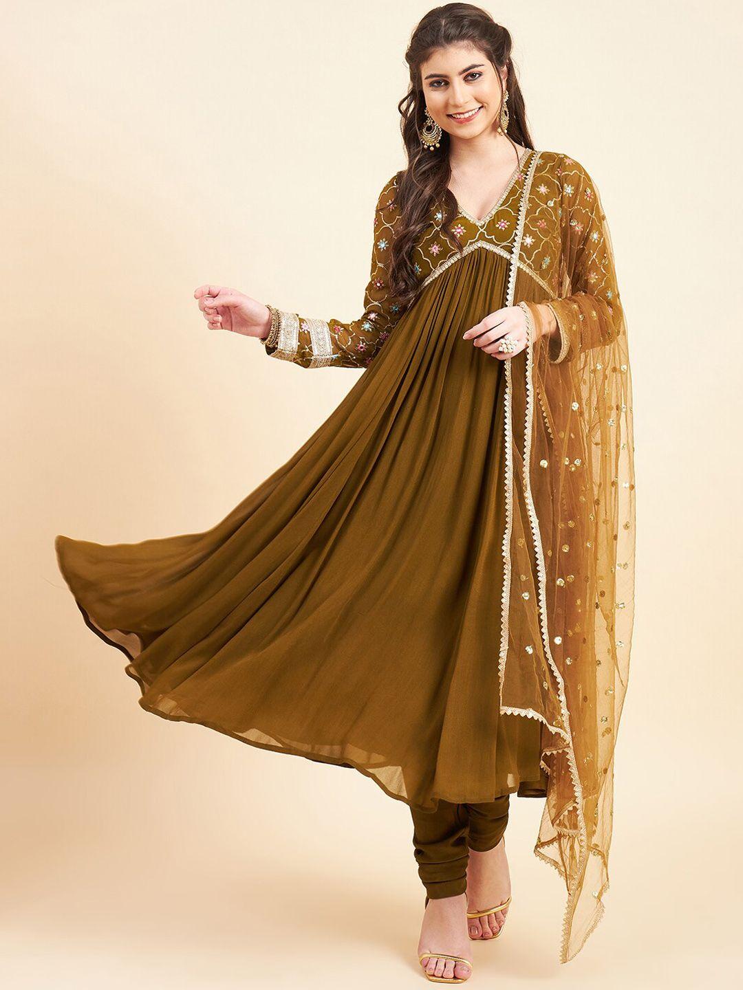 adornia yoke design empire sequinned kurta with churidar & with dupatta