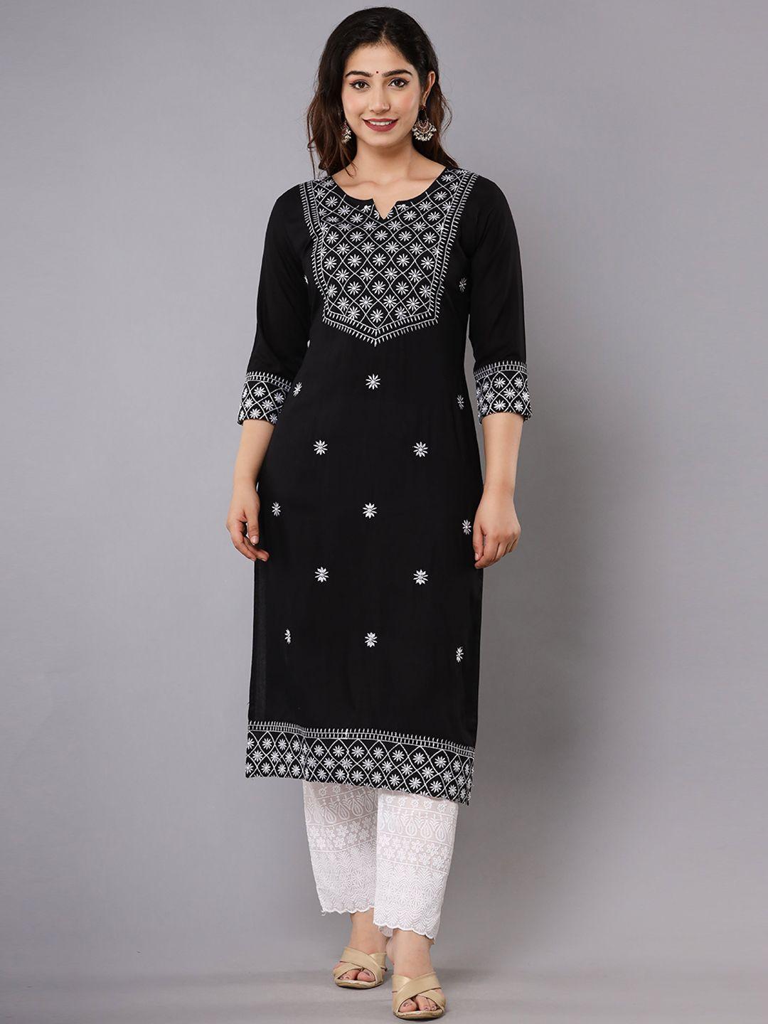 adorro women black ethnic motifs embroidered keyhole neck thread work kurta