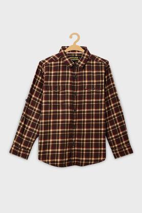 adventure checks cotton collared boys shirt - brown