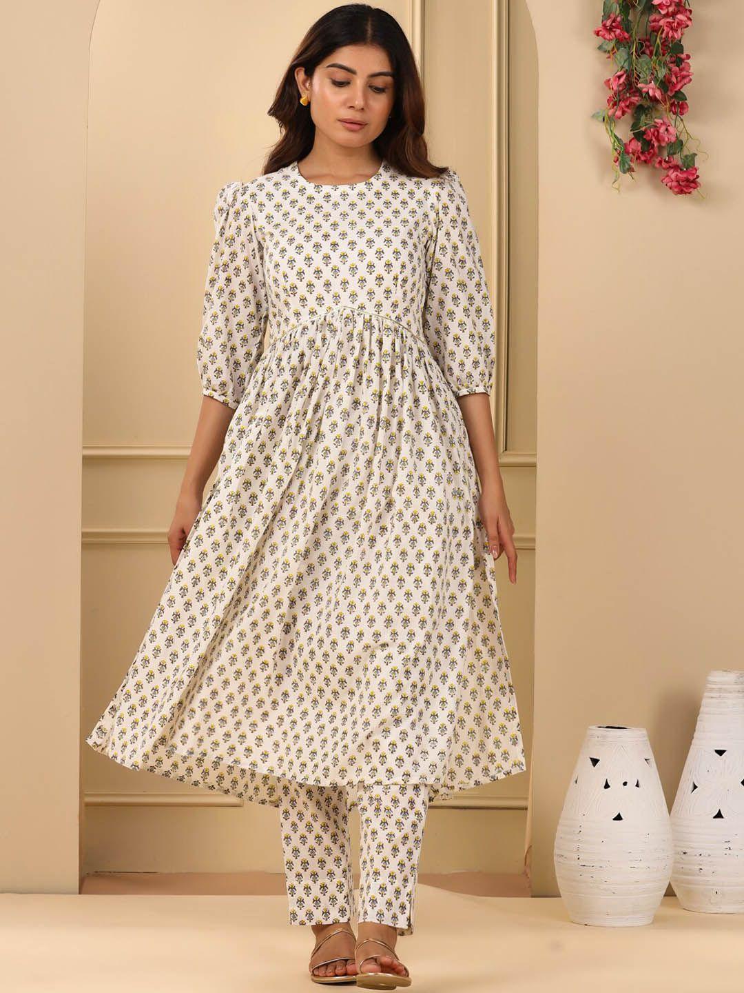 adveta ethnic motifs printed puffed sleeves gathered kurta with trousers