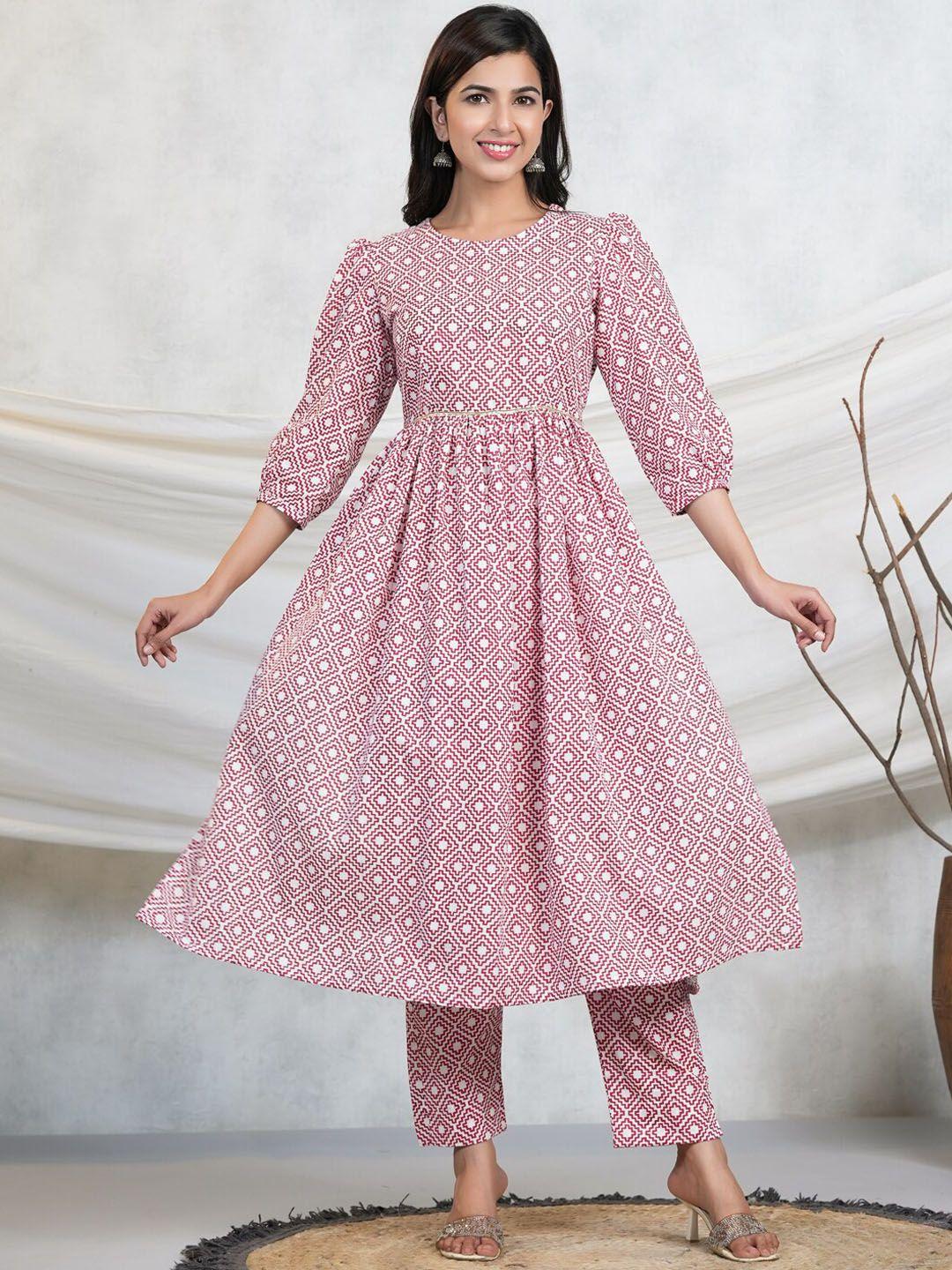 adveta geometric printed puffed sleeves gathered kurta with trousers