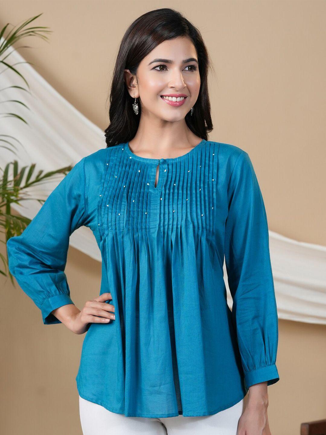 adveta keyhole neck puff sleeves pleated cotton a-line top