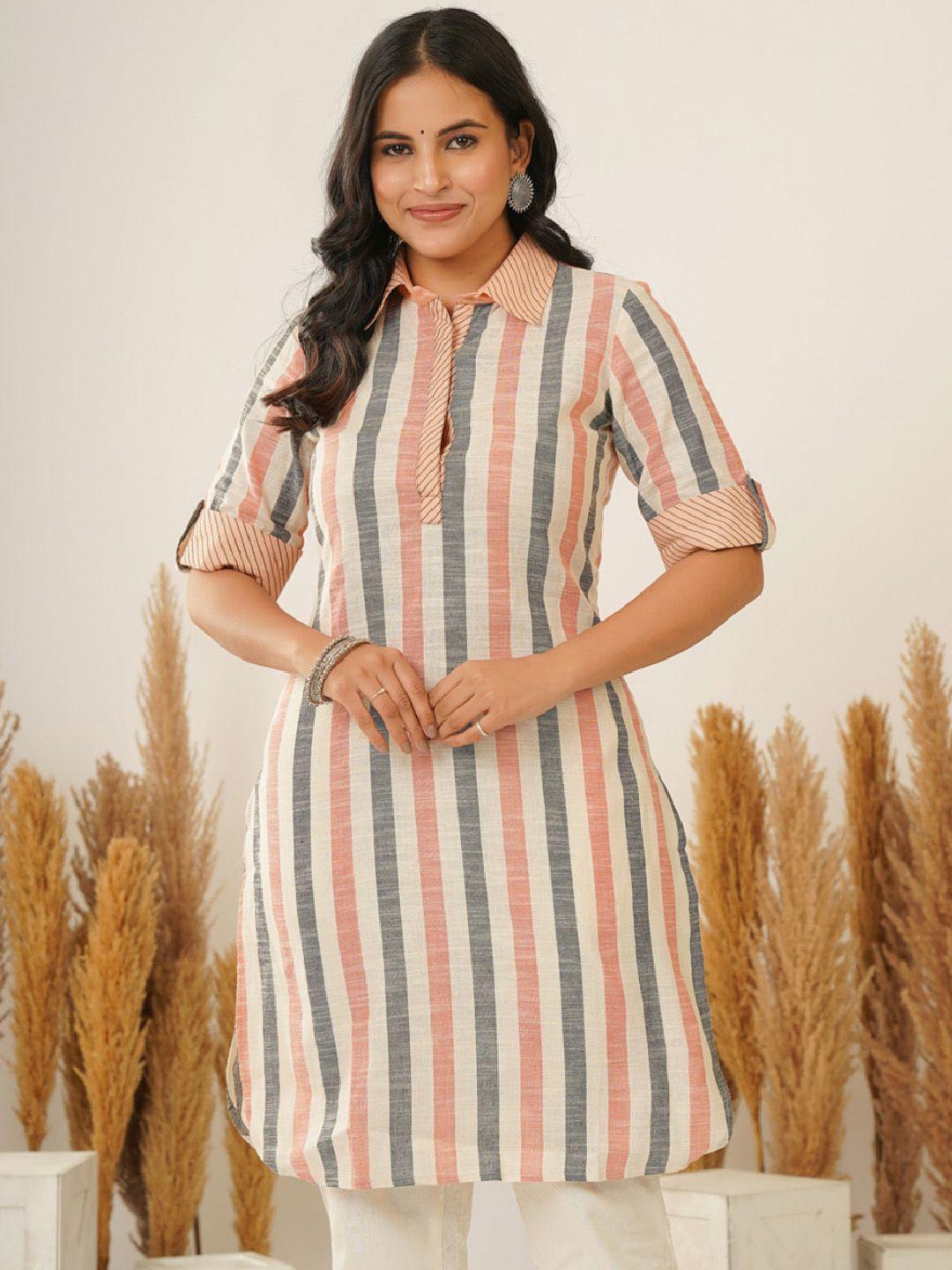 adveta women peach-coloured striped indie prints kurta