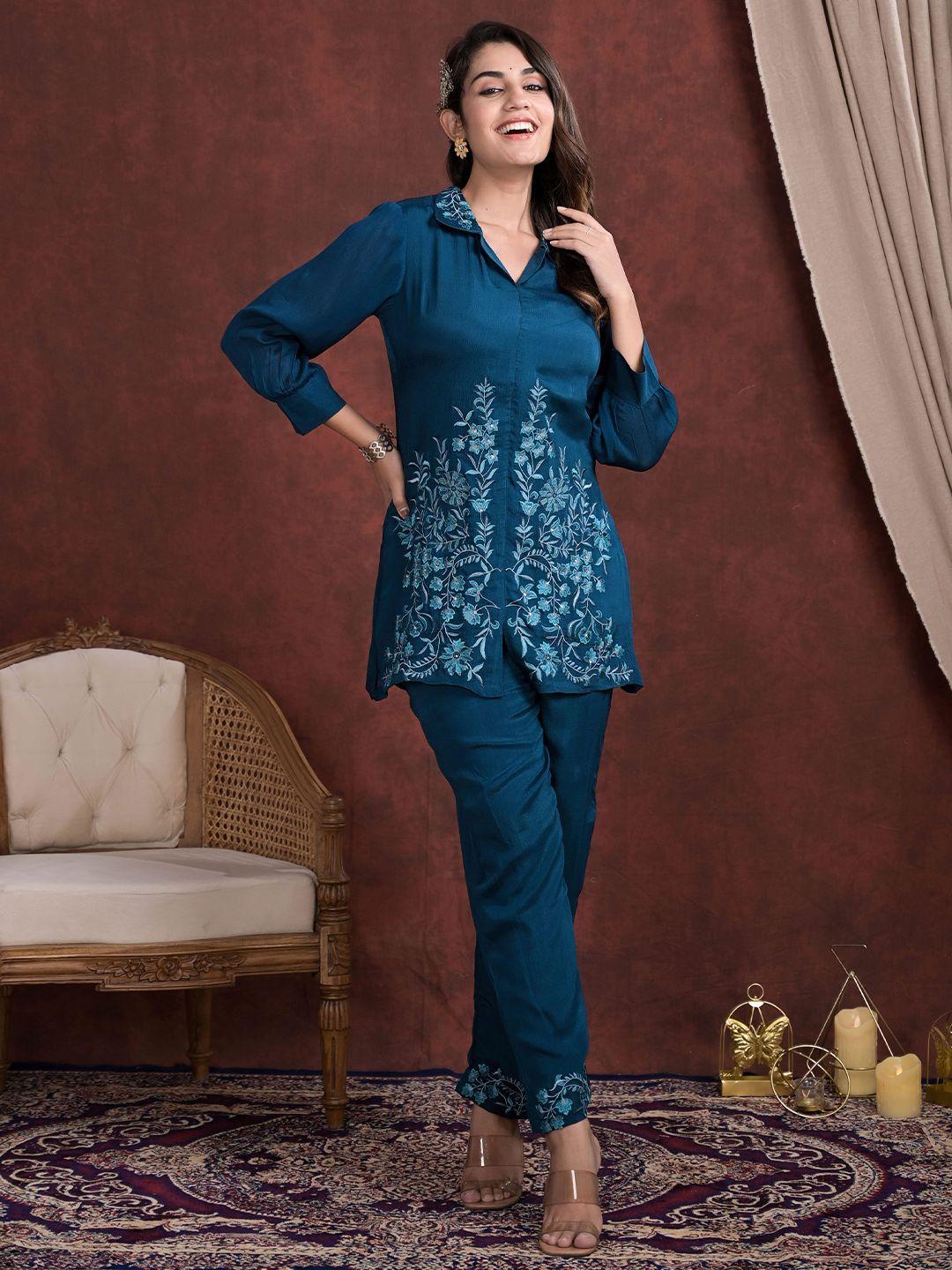 advya embroidered shirt collar tunic with trouser