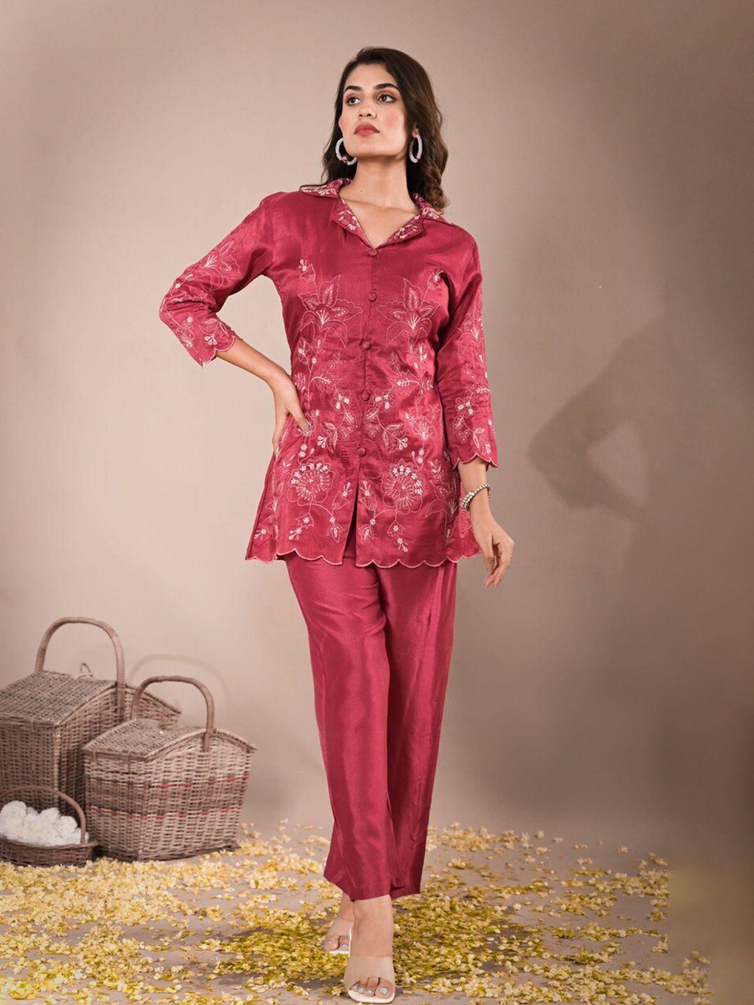 advya embroidered silk collar neck tunic & trousers co-ords