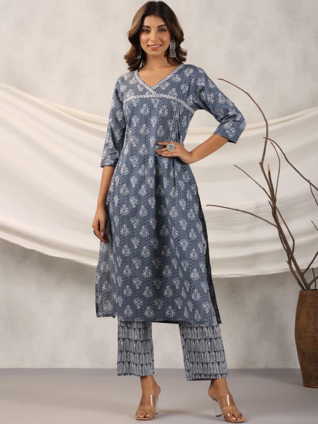 advya ethnic motifs printed regular thread work pure cotton kurta with trousers