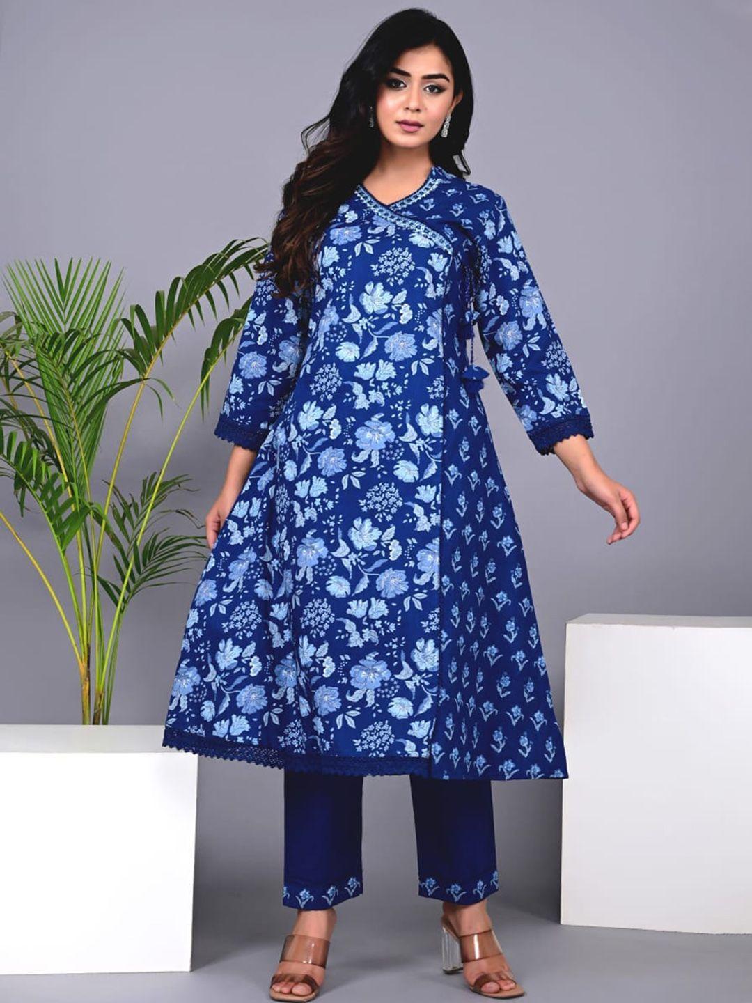 advya floral printed angrakha a-line pure cotton kurta with trousers