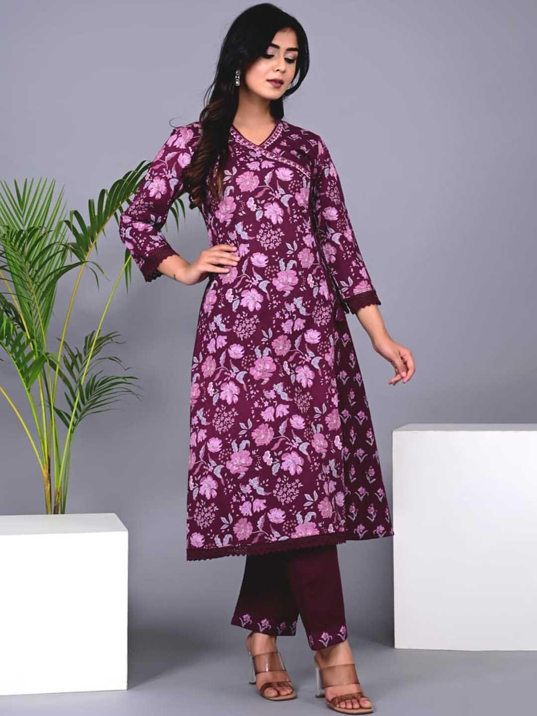 advya floral printed angrakha thread work pure cotton kurta with trousers
