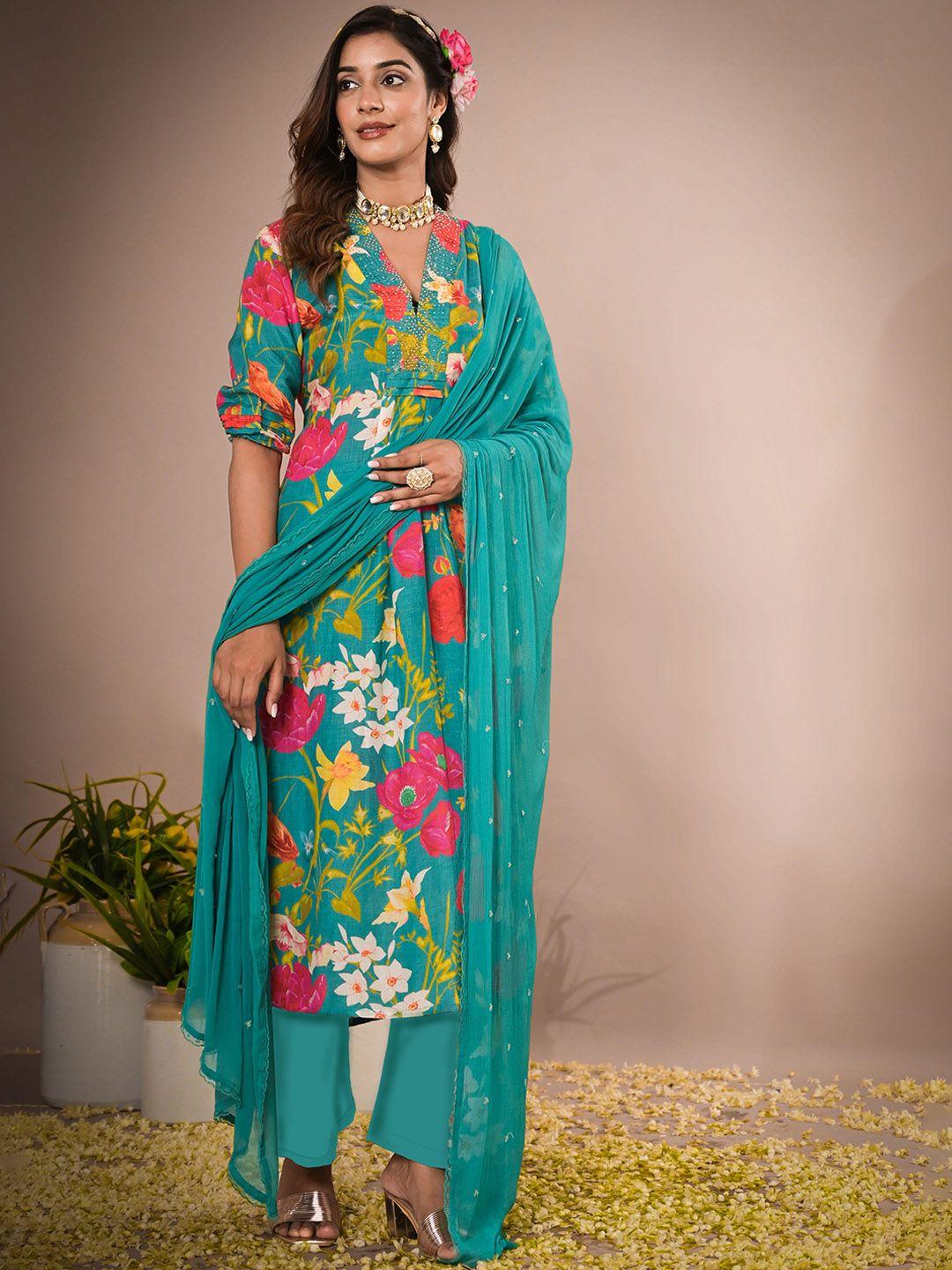 advya floral printed empire kurta with trousers & dupatta