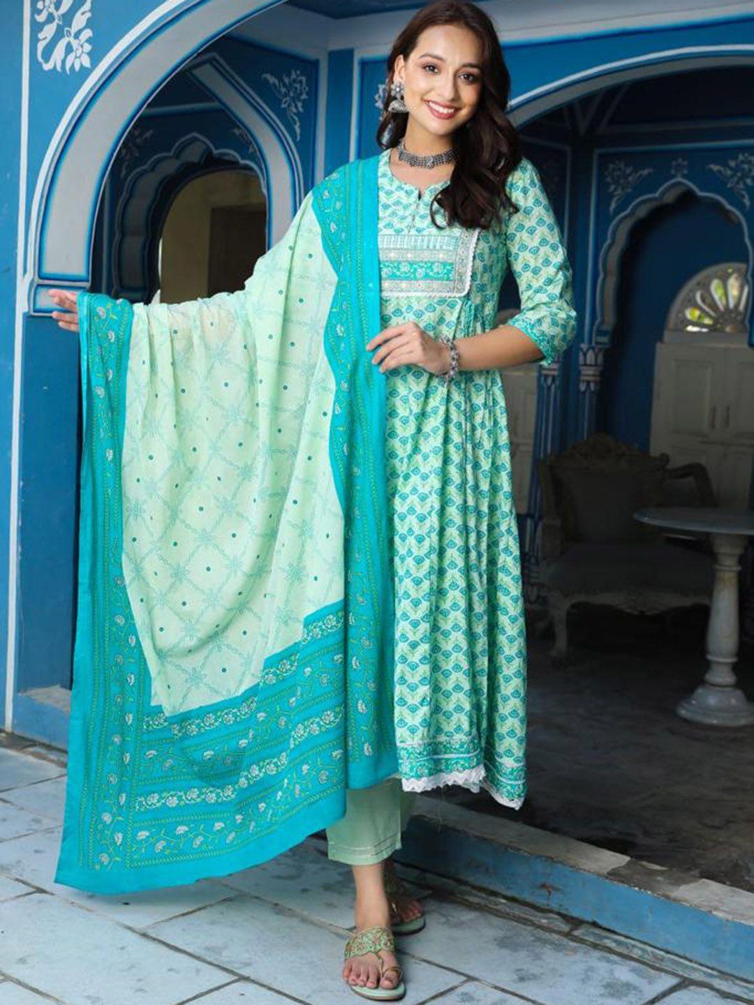 advya floral printed mirror work pure cotton anarkali kurta with trousers & dupatta