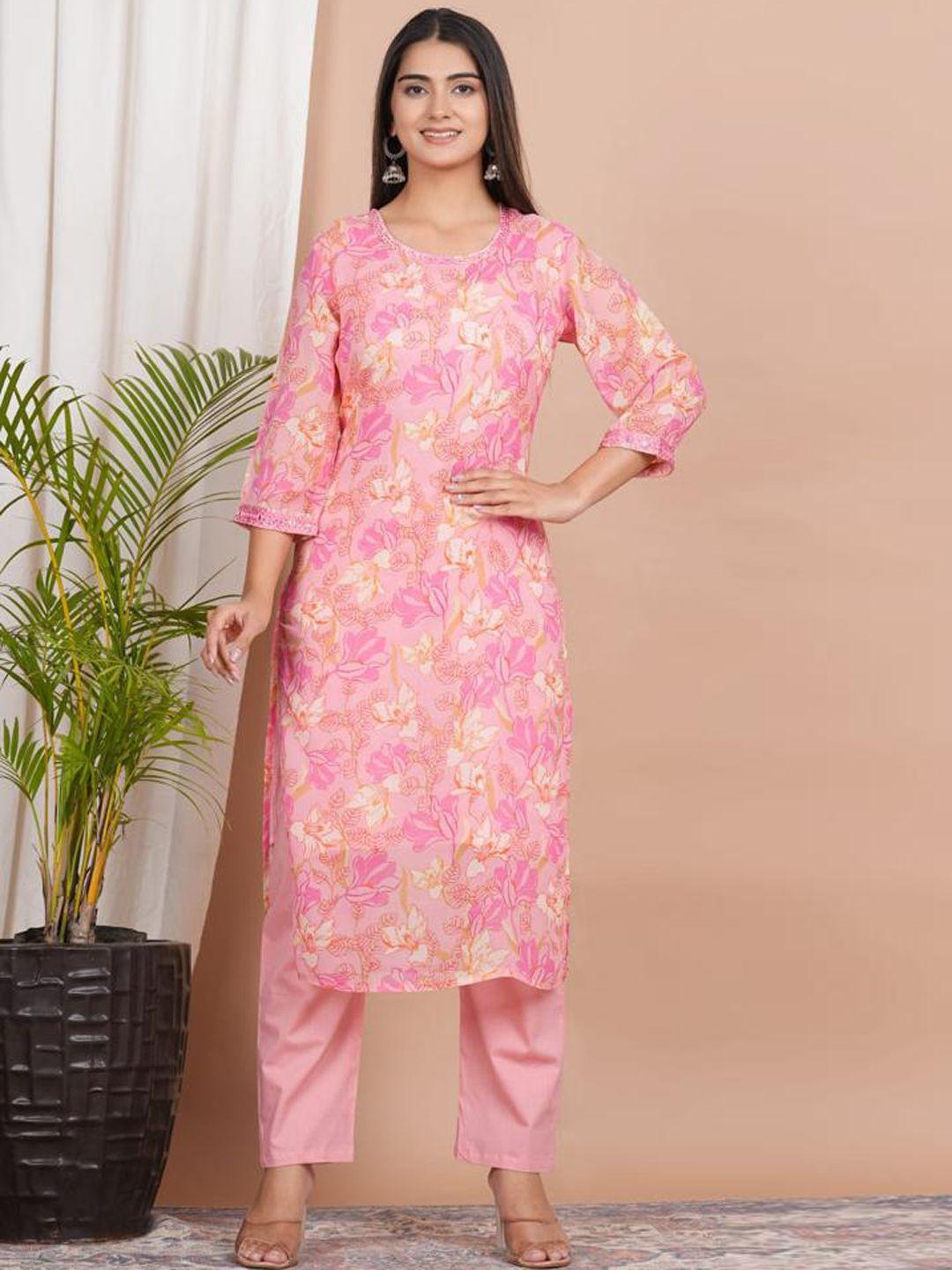 advya floral printed regular thread work kurta with trousers