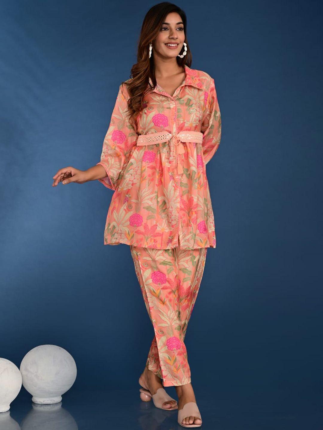 advya floral printed shirt collar pastels tunic with trousers with belt