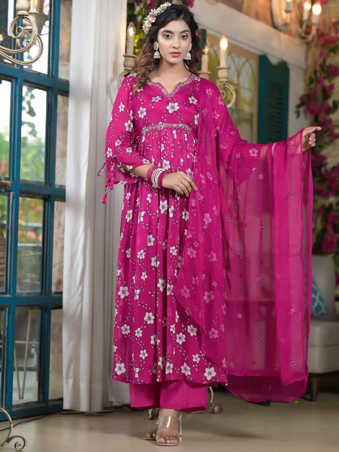 advya floral printed silk chiffon beads and stones anarkali kurta with trouser & dupatta