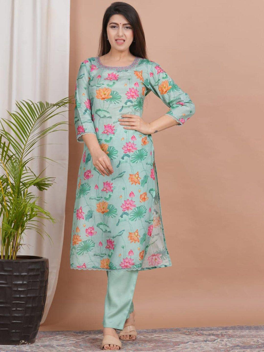 advya floral printed thread work kurta with trousers