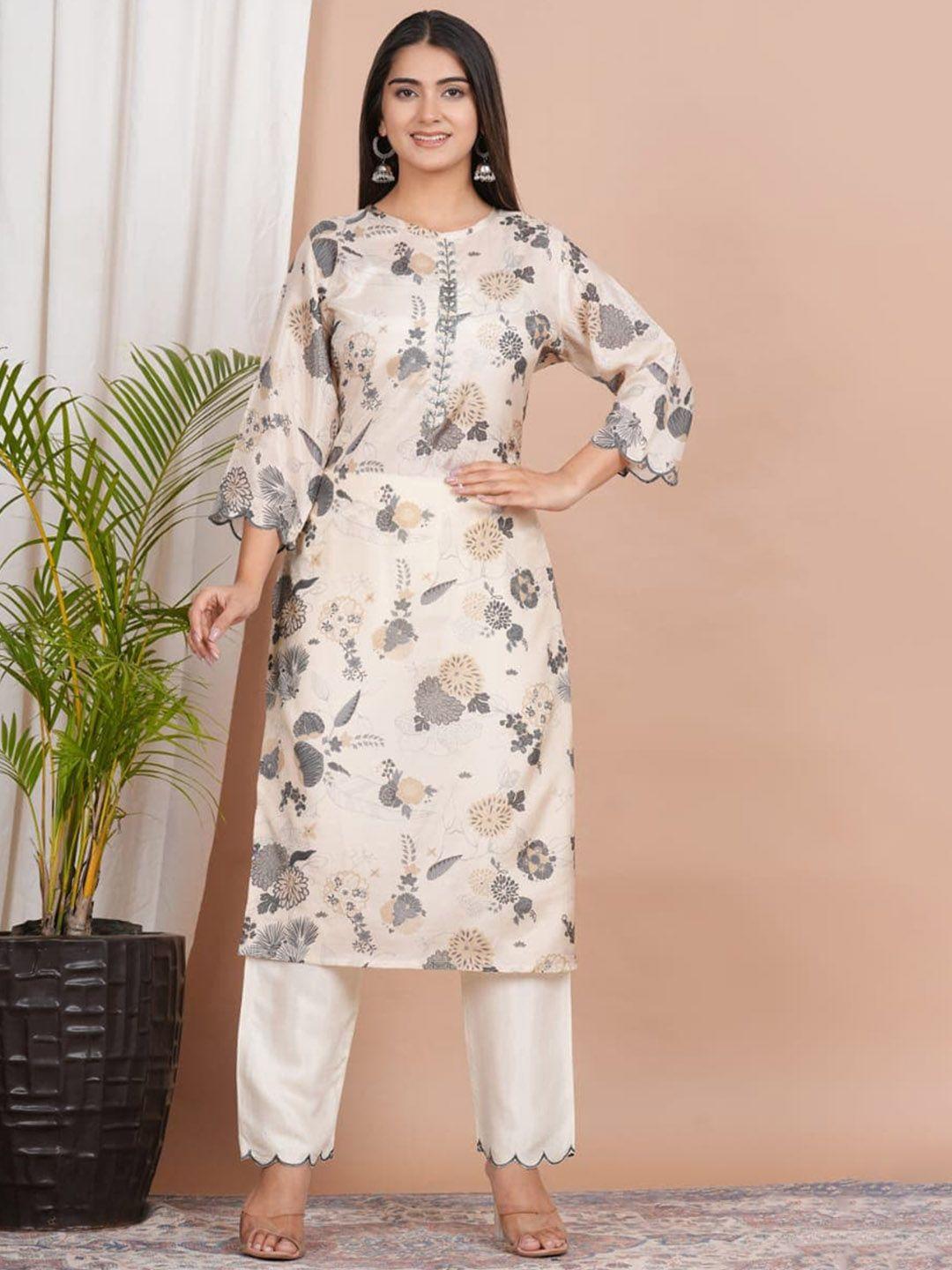 advya floral printed thread work kurta with trousers