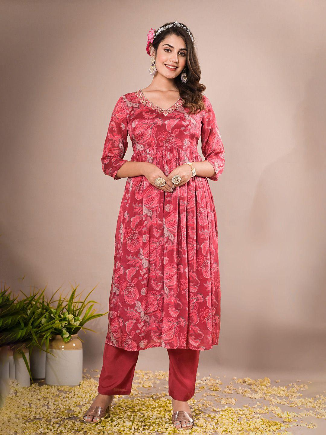 advya floral printed v-neck sequinned detail a-line kurta & trousers with dupatta