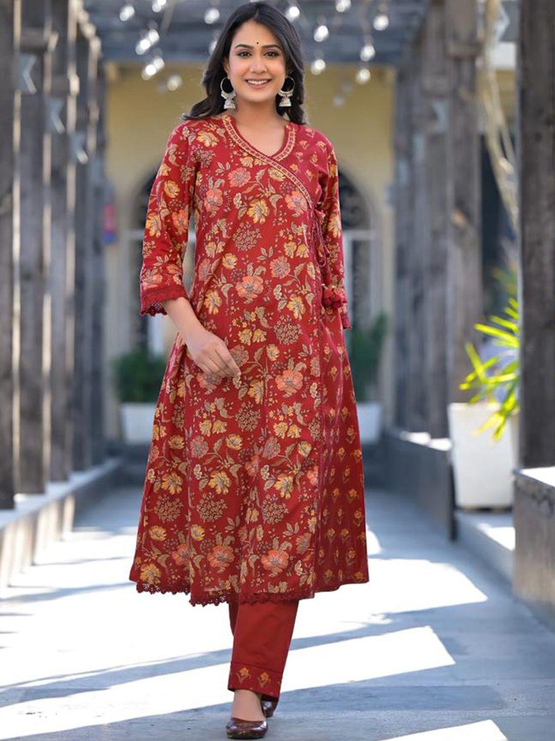 advya floral printed v-neck thread work pure cotton angrakha a-line kurta with trouser