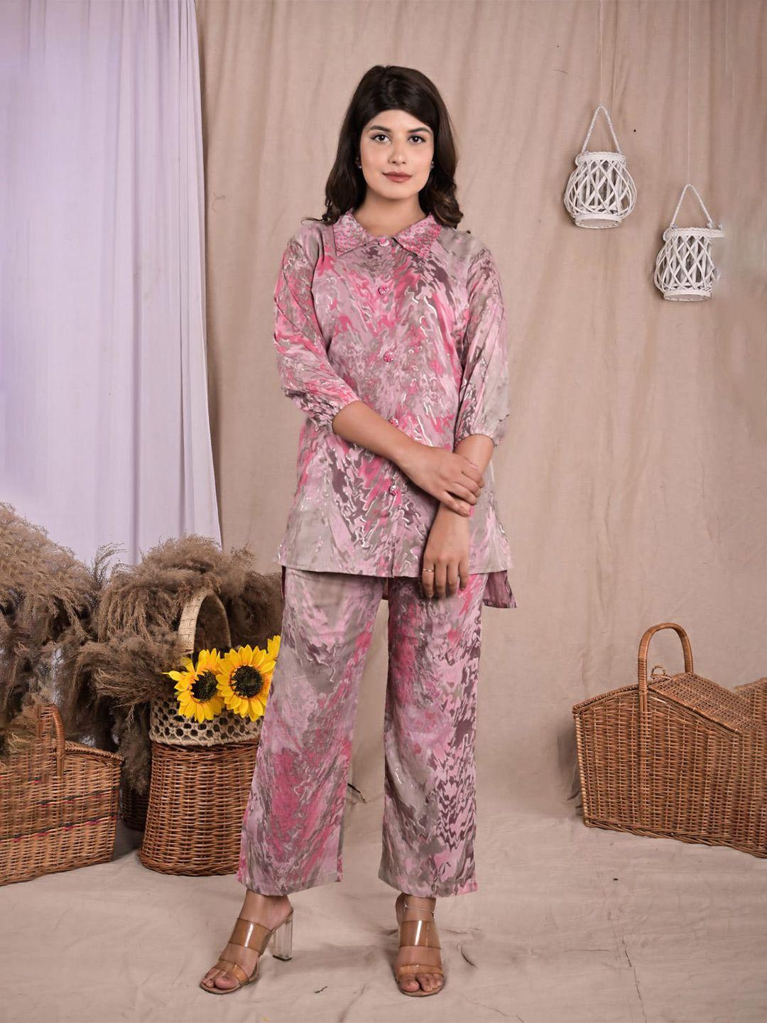 advya printed shirt collar pure cotton tunic with trousers