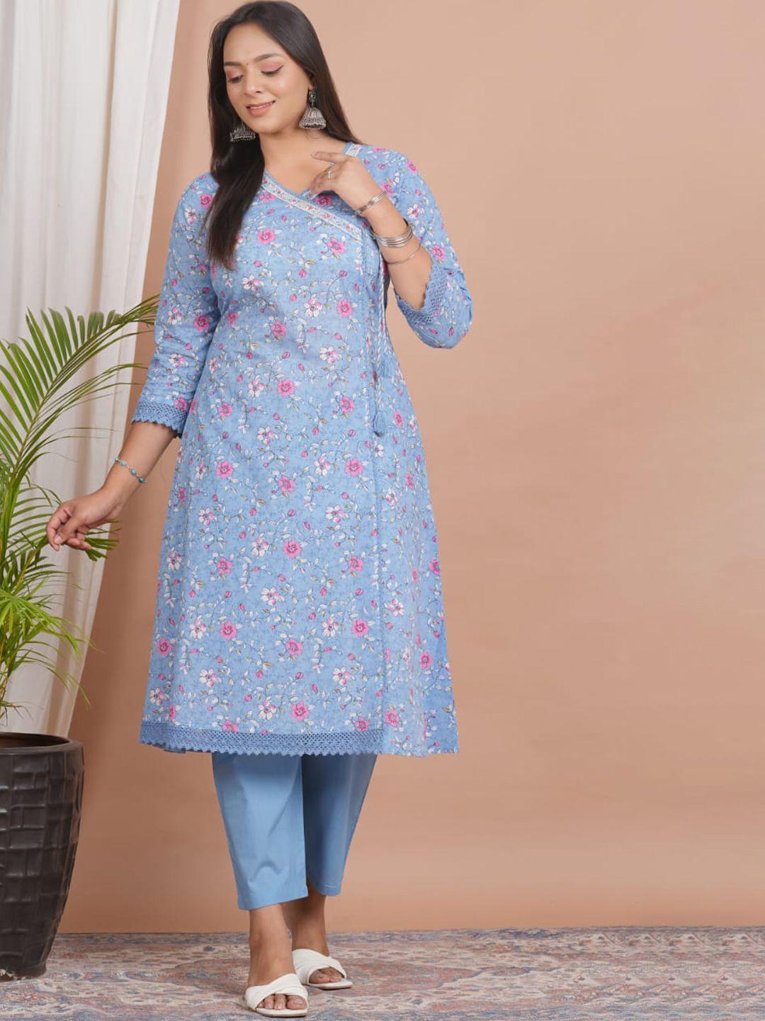 advya women blue floral printed angrakha thread work pure cotton kurta with trousers