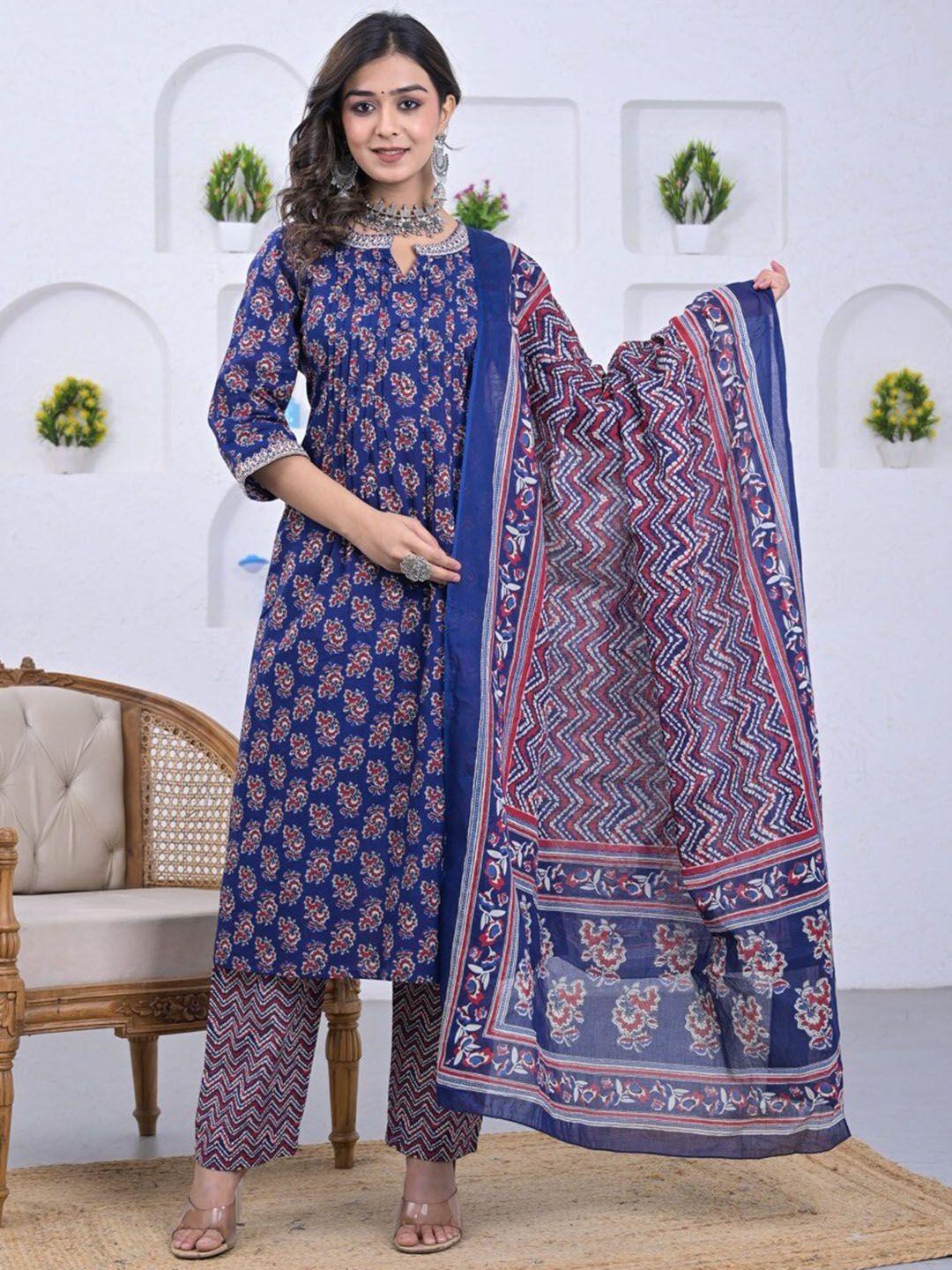 advya women ethnic motifs printed regular pure cotton kurta with trousers & with dupatta