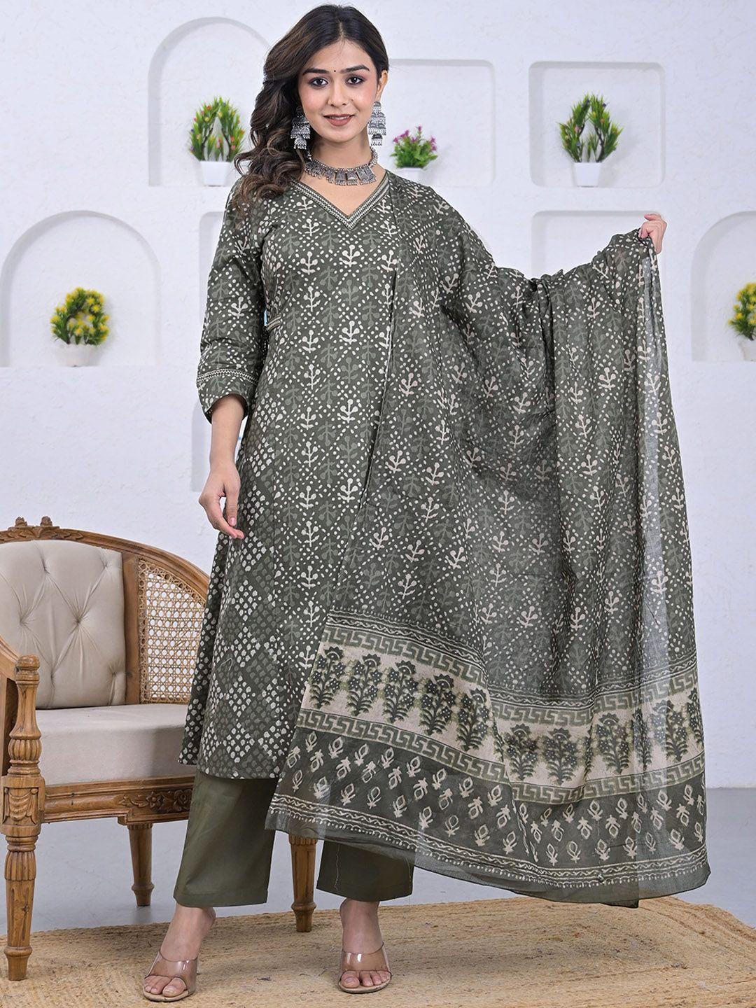 advya women green ethnic motifs printed panelled thread work pure cotton kurta with trousers & with dupatta