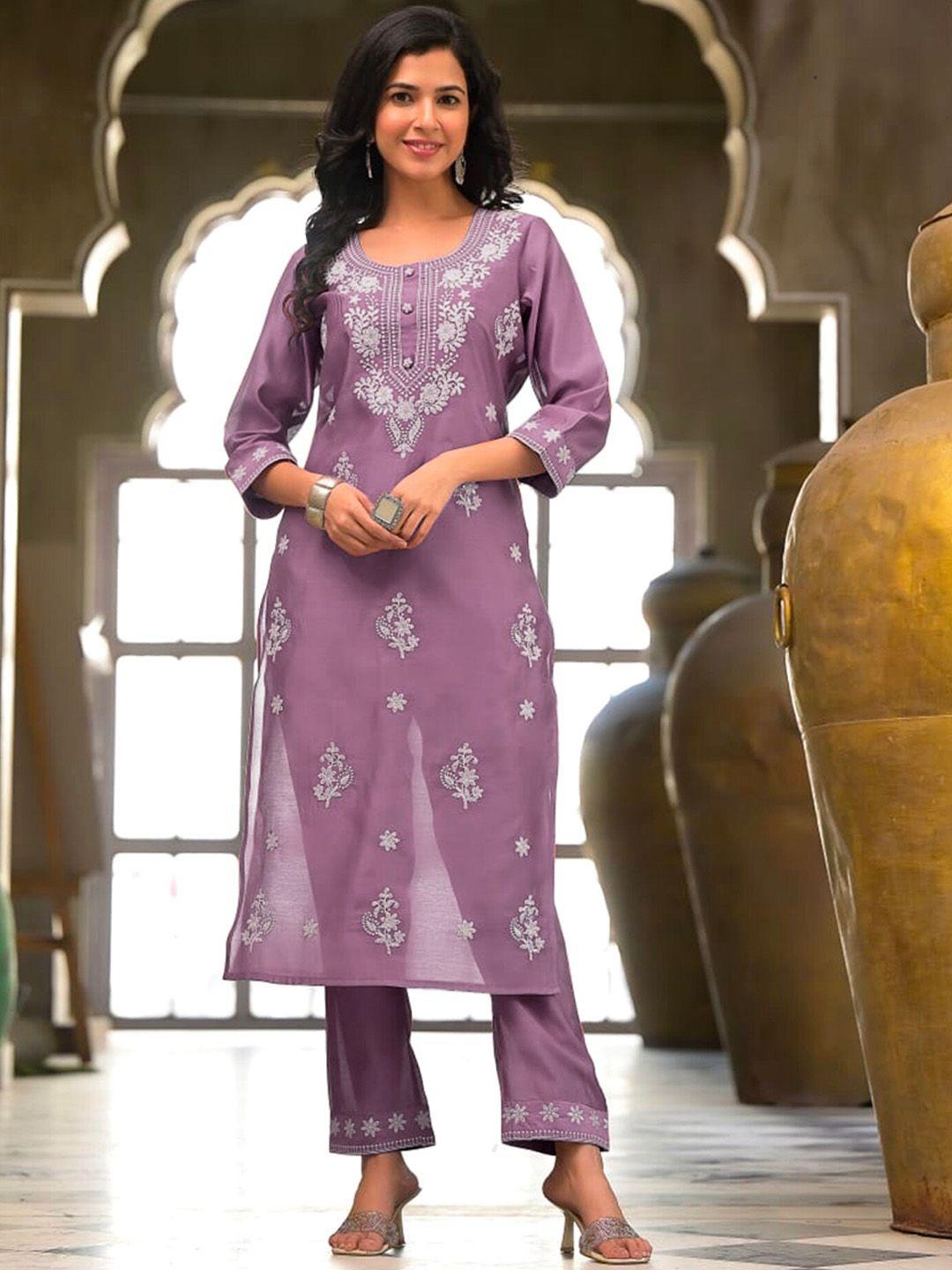 advya women mauve ethnic motifs embroidered regular chikankari kurta with trousers