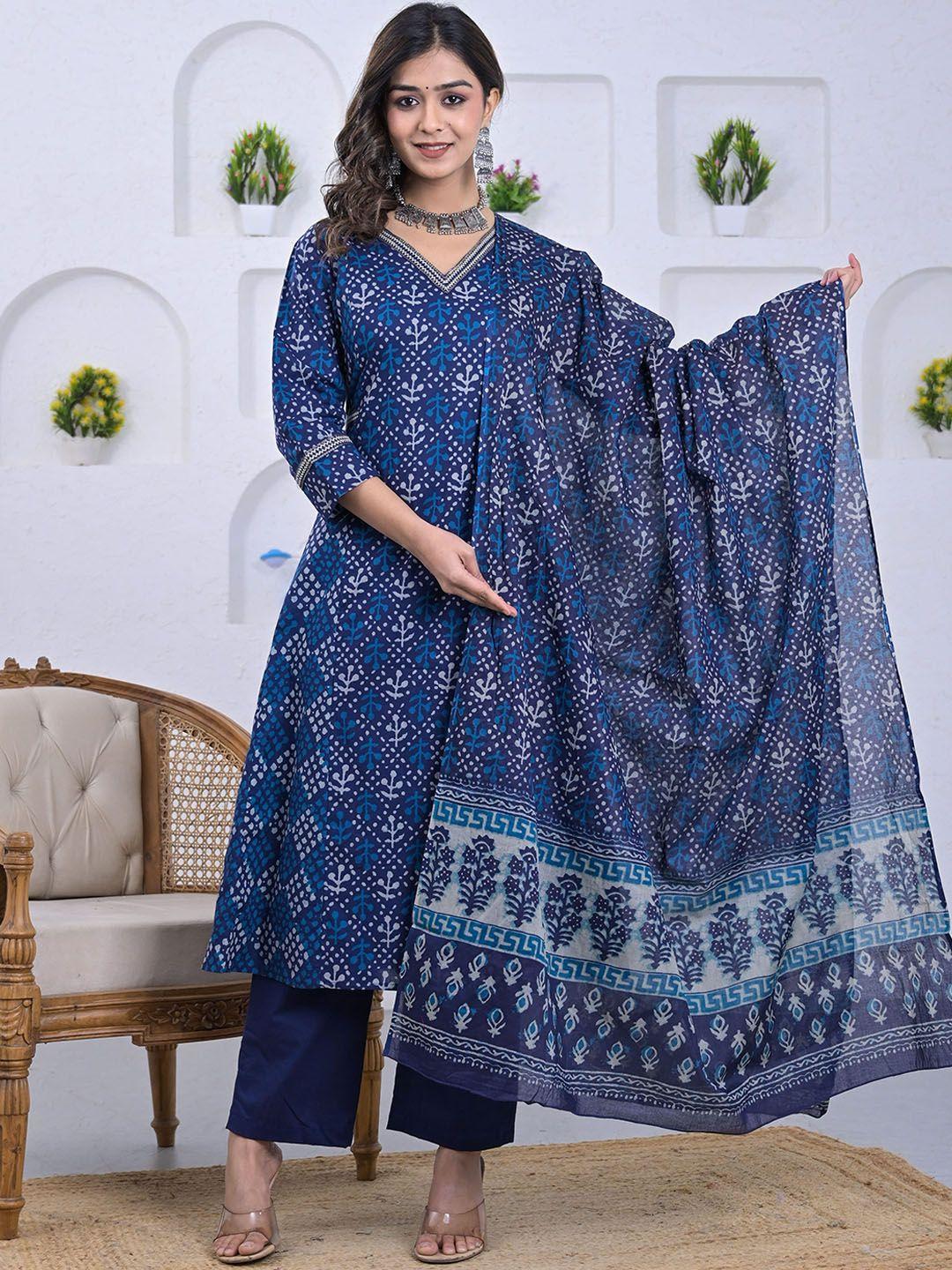 advya women navy blue ethnic motifs printed panelled thread work pure cotton kurta with trousers & with