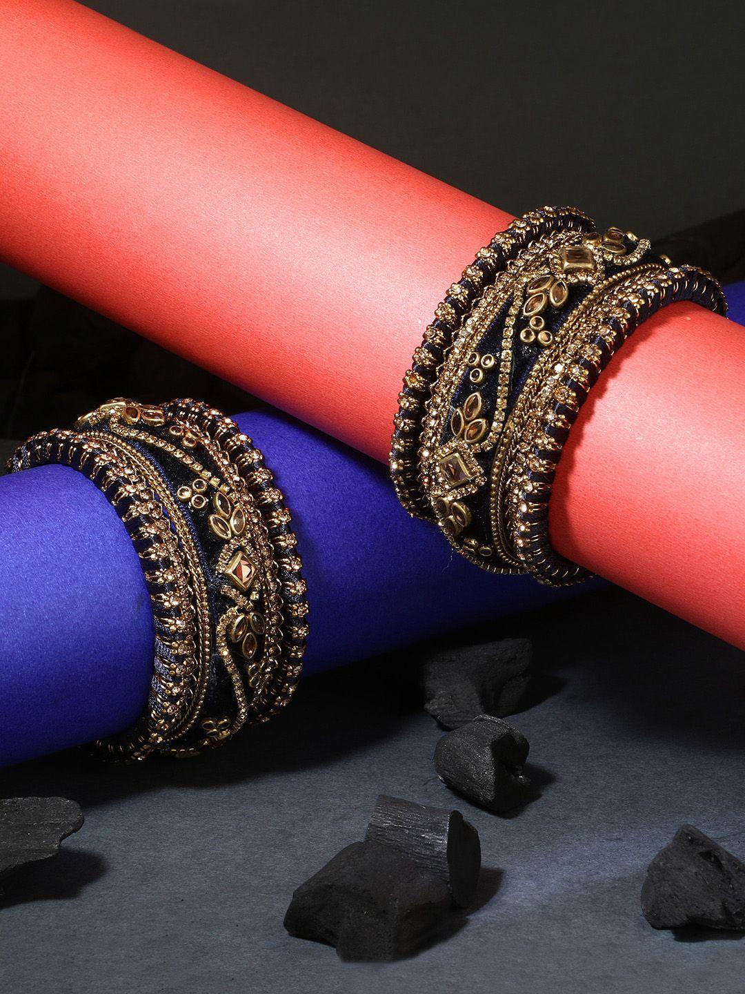 adwitiya collection set of 10 gold-plated navy blue stone-studded chuda bangle set