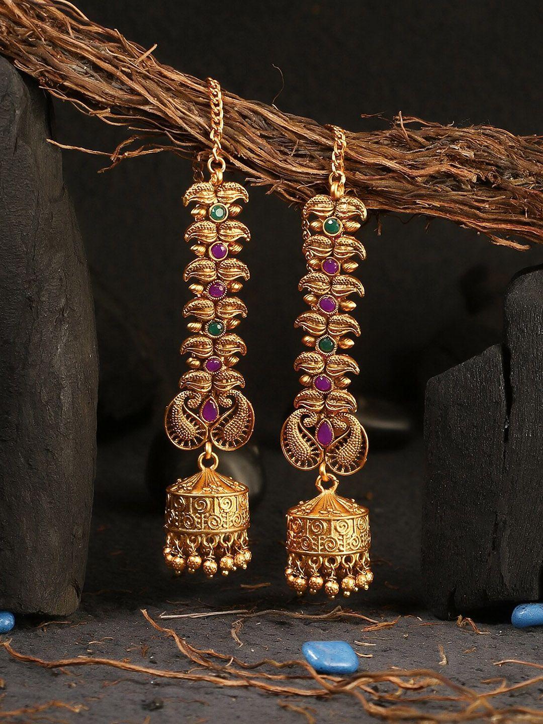 adwitiya collection 24 ct gold-plated green & pink stone-studded classic jhumkas earrings