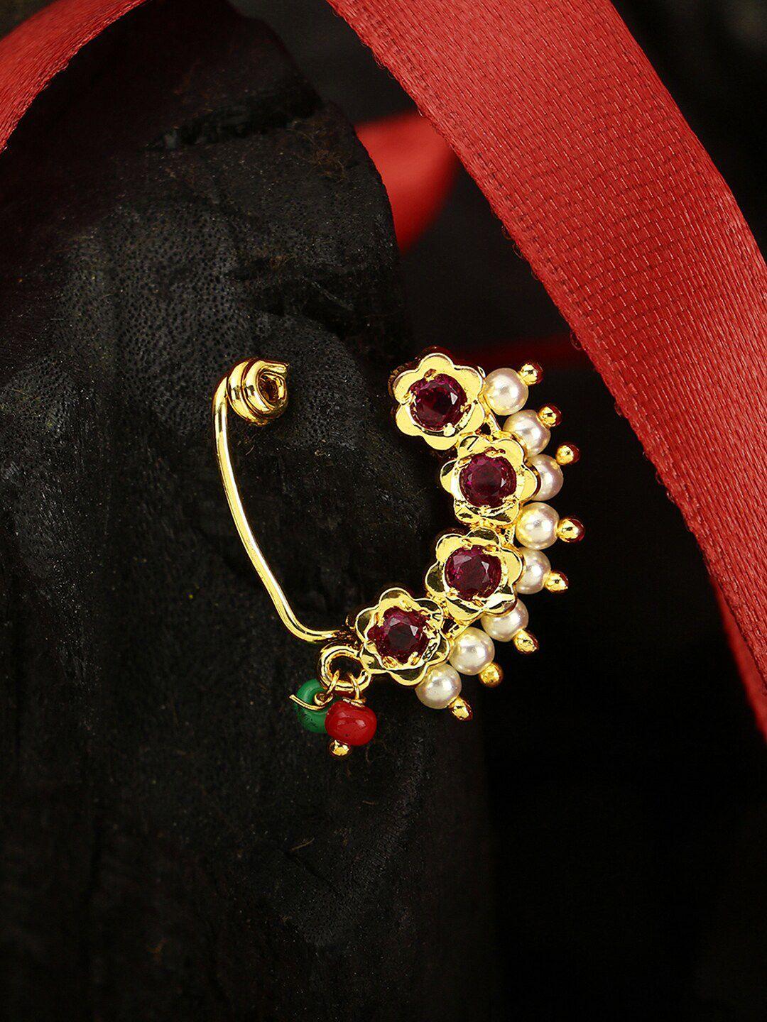 adwitiya collection 24 ct gold-plated stone-studded & pearl beaded nosepin