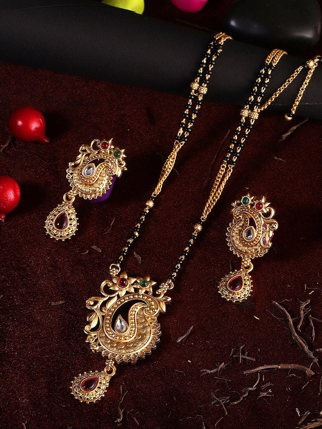 adwitiya collection gold-plated black & red stone-studded & beaded mangalsutra with earrings