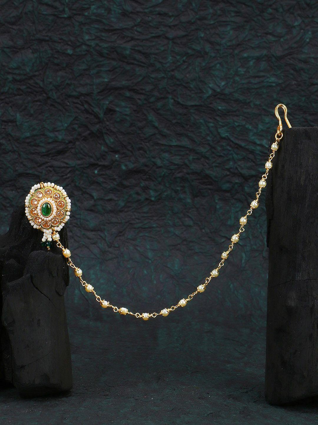 adwitiya collection gold-plated flower stone studded & beaded nose pin with chain