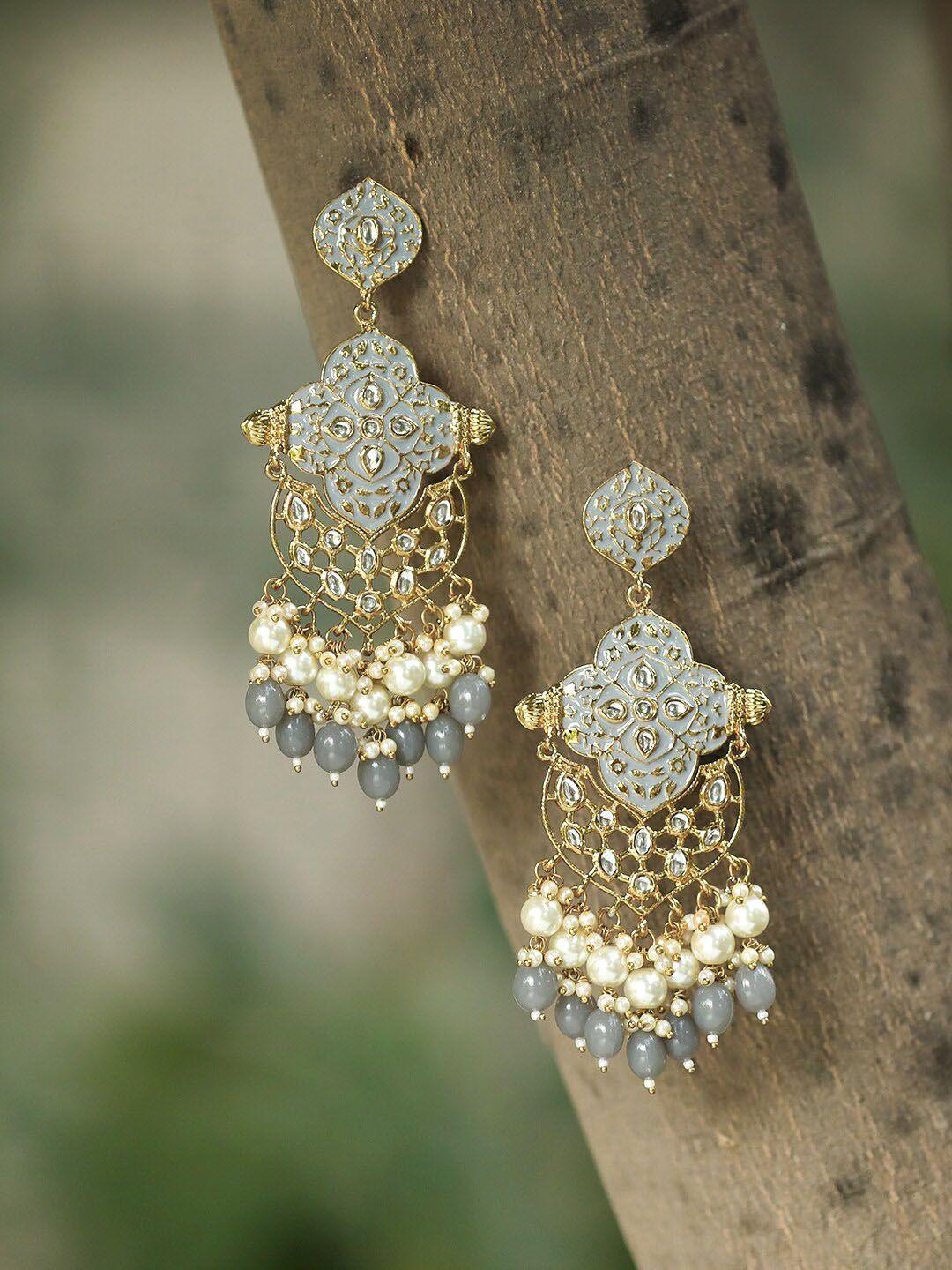 adwitiya collection gold-plated gold-toned & grey contemporary drop earrings