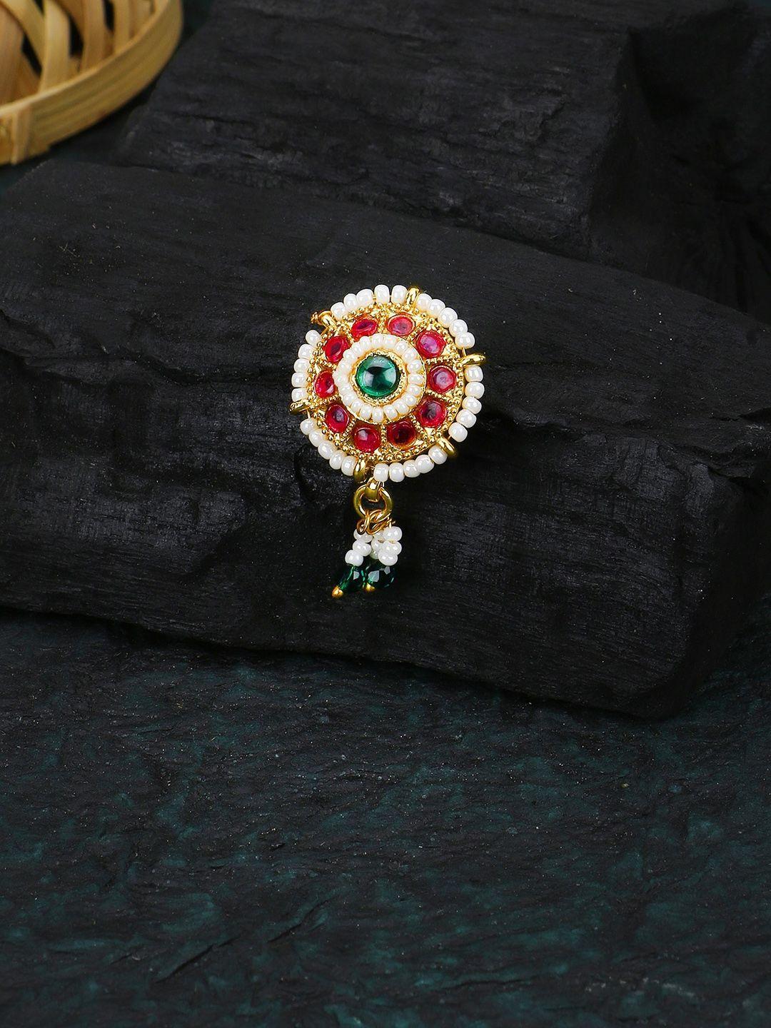 adwitiya collection gold-plated stone-studded & beaded clip-on nose pin