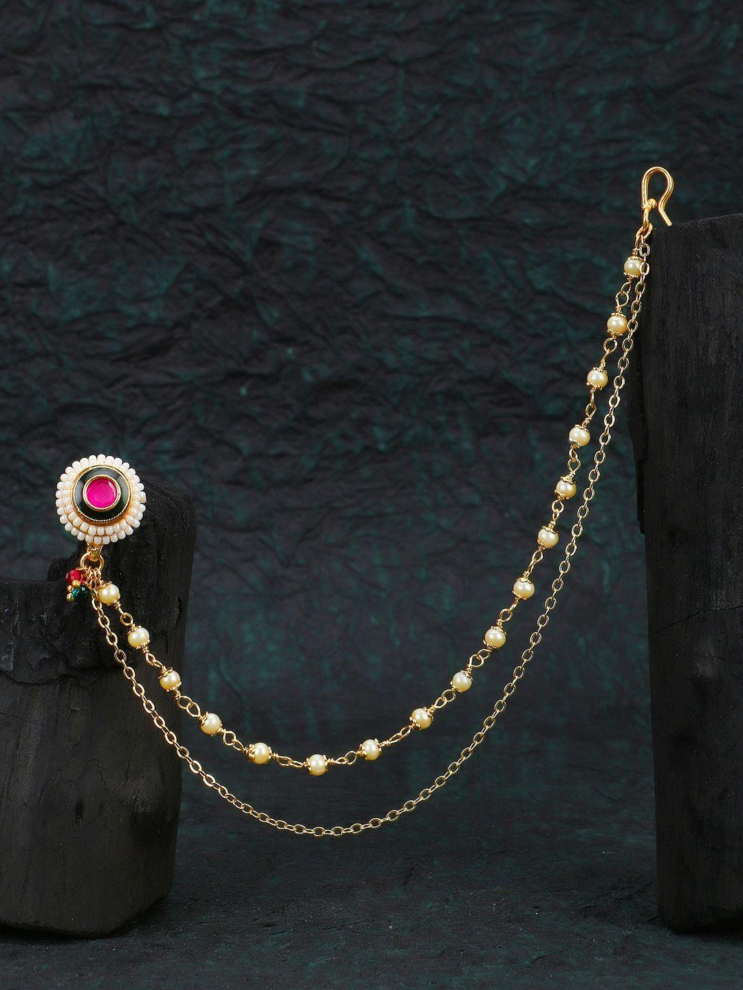 adwitiya collection gold-plated stone-studded & pearl beaded clip-on nose pin with chain