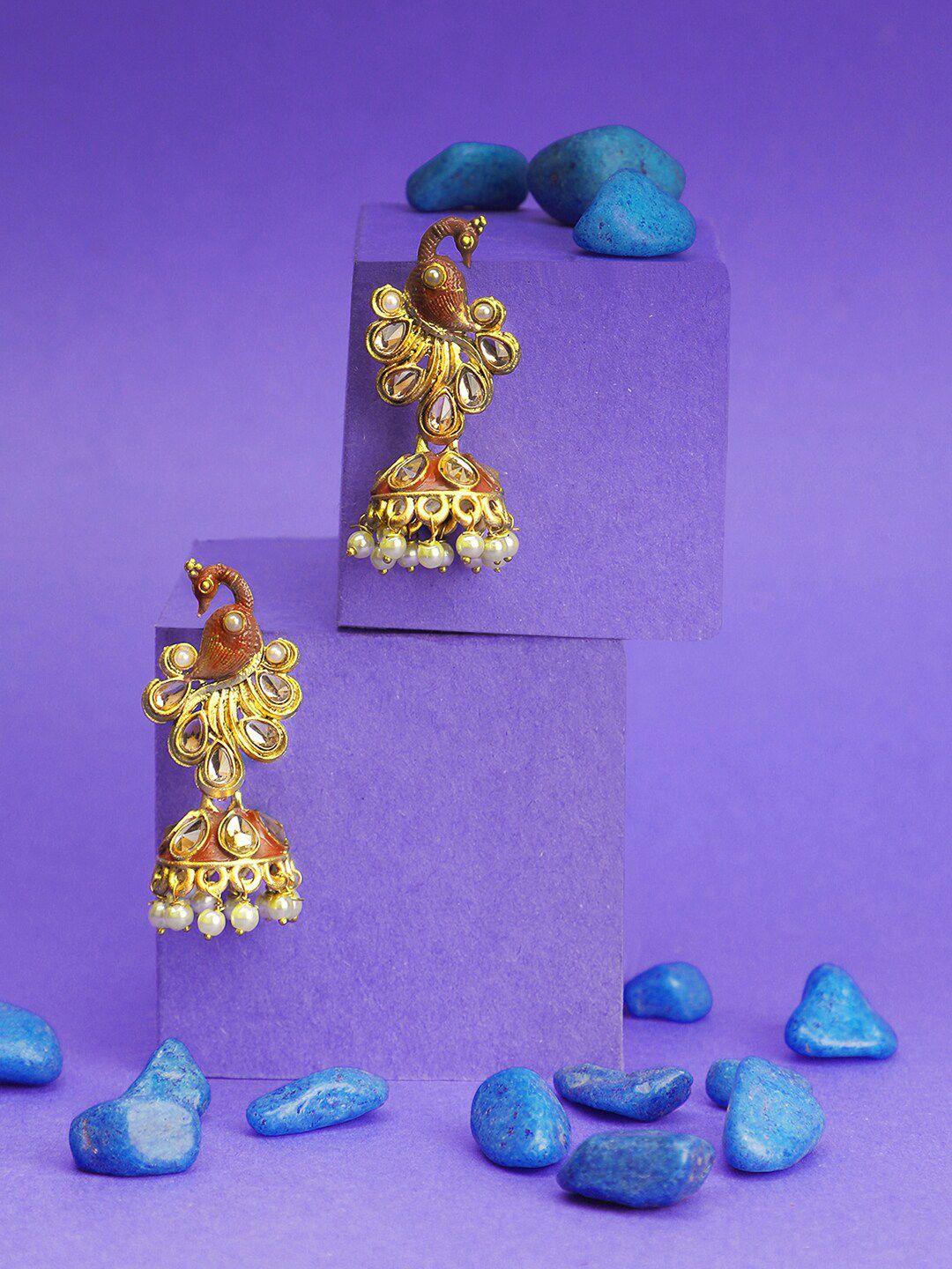 adwitiya collection gold-toned peacock shaped jhumkas