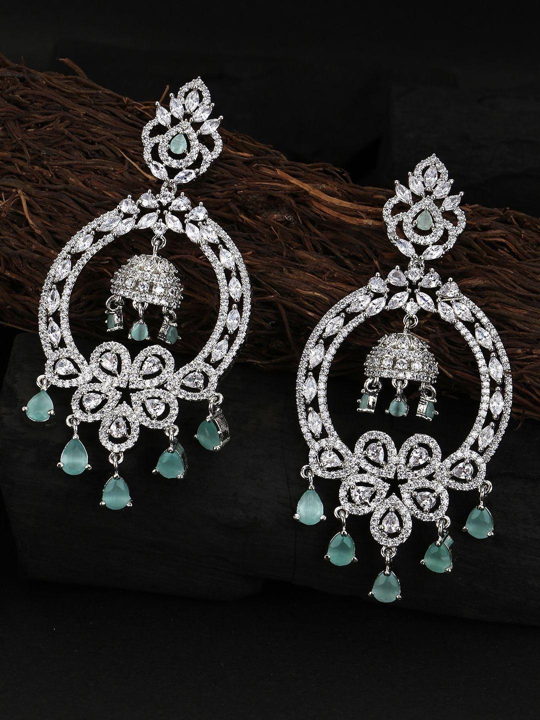 adwitiya collection rhodium-plated cz-studded crescent shaped drop earrings