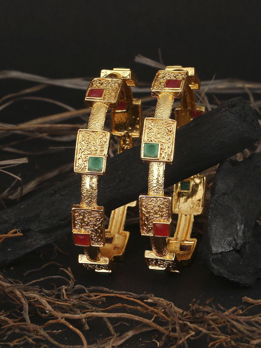 adwitiya collection set of 2 24k gold-plated red & green stone-studded handcrafted bangles