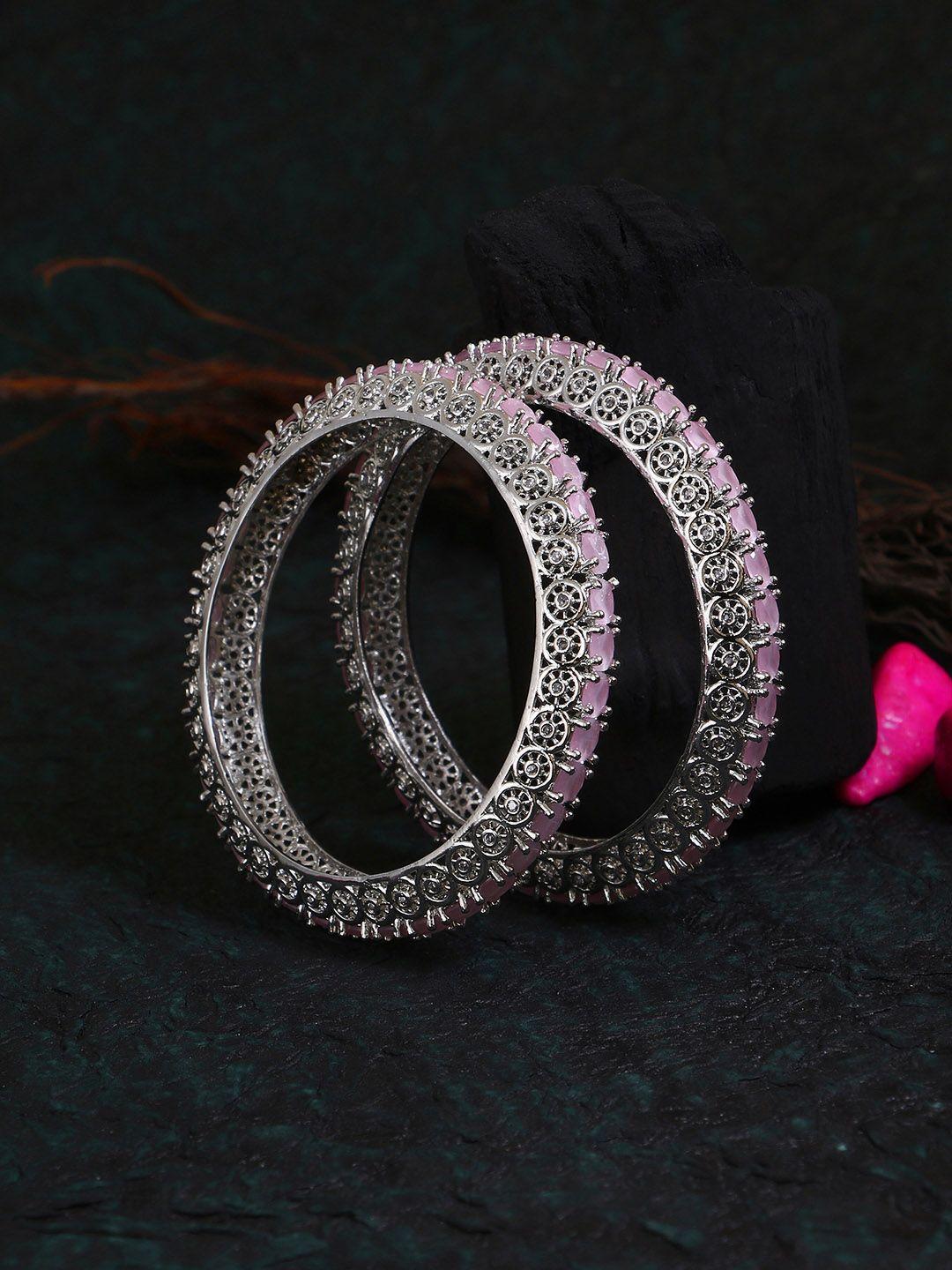 adwitiya collection set of 2 silver-plated & pink cz studded bangles