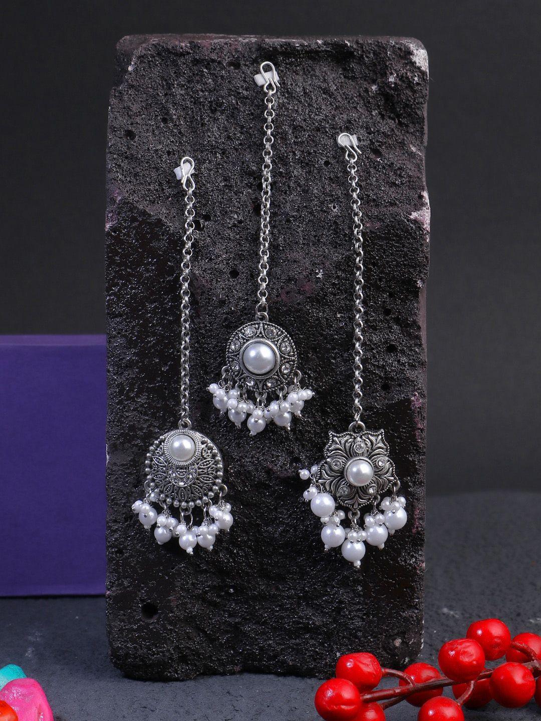 adwitiya collection set of 3 silver-plated pearl-studded maangtika