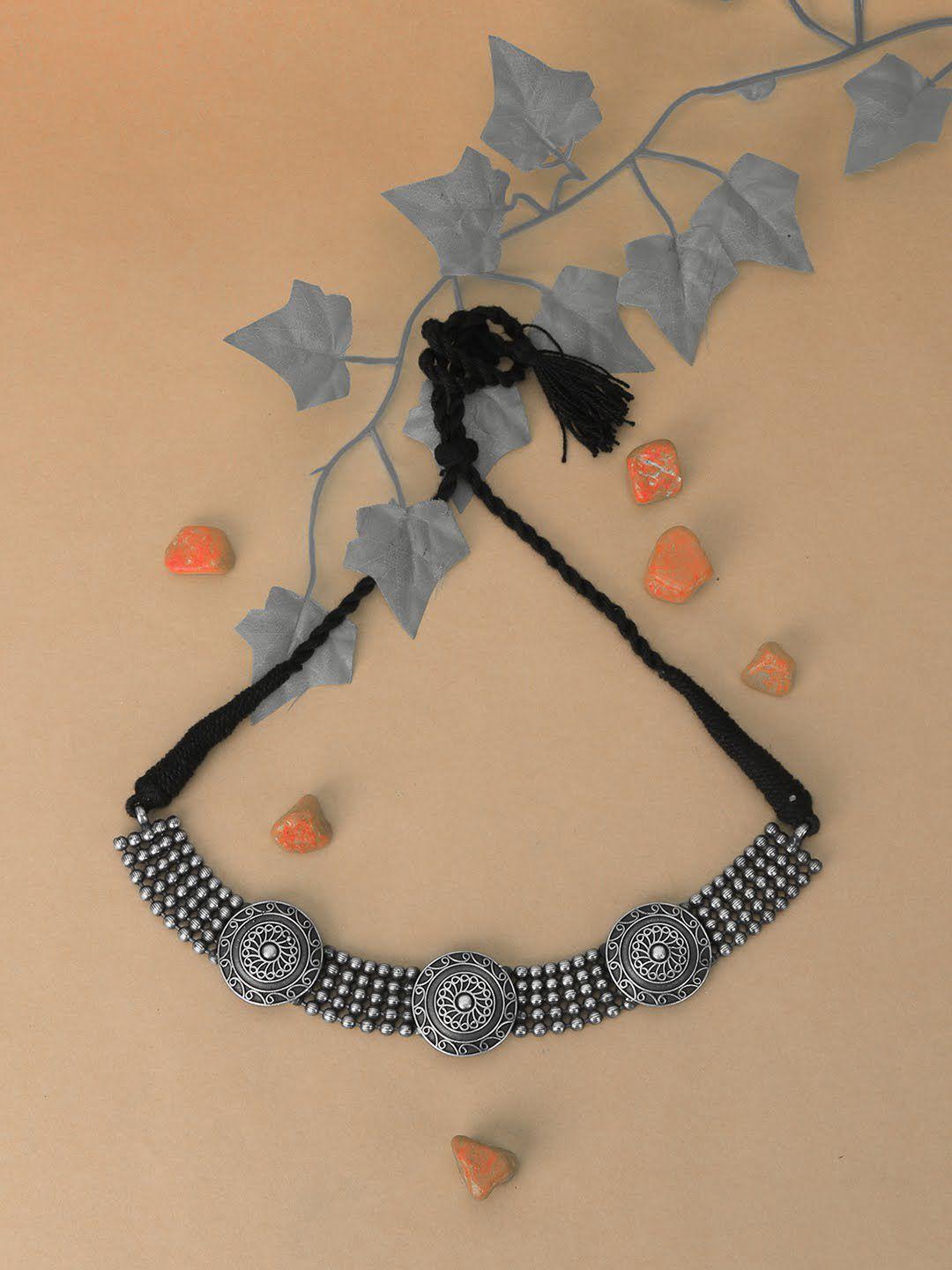 adwitiya collection silver & black brass silver-plated oxidised necklace