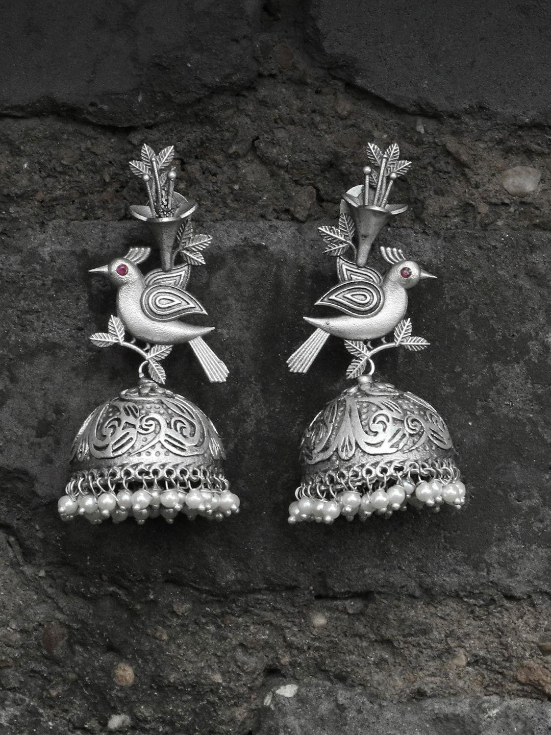 adwitiya collection silver-plated oxidised dome shaped jhumkas earrings