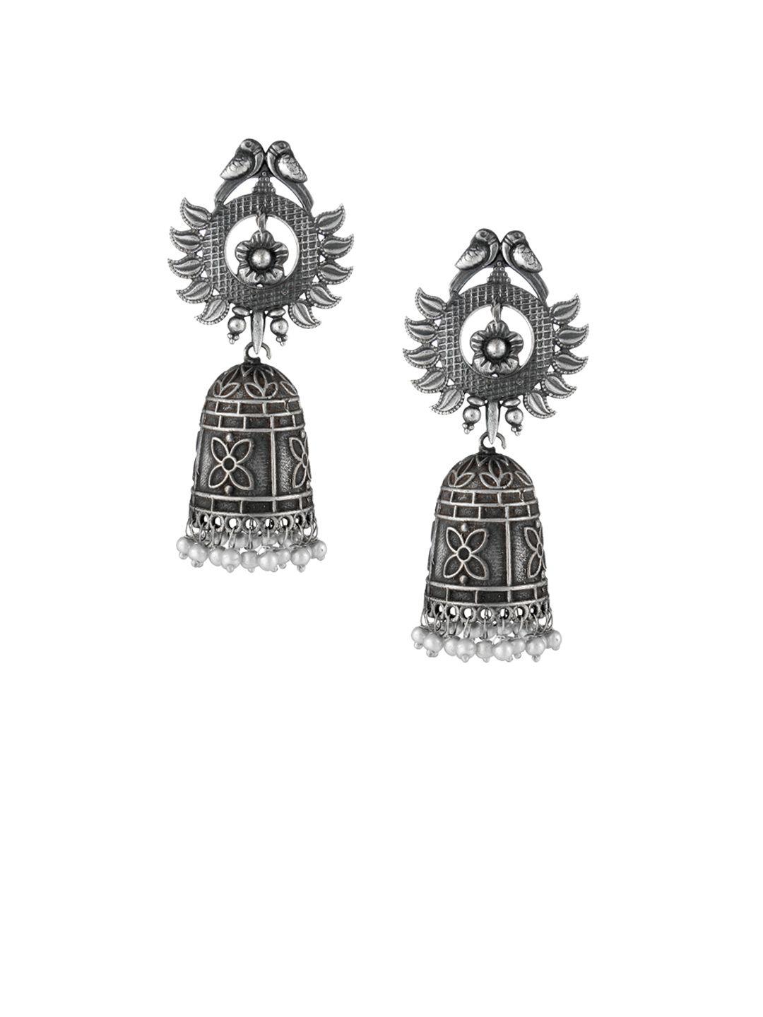 adwitiya collection silver-plated oxidised dome shaped jhumkas