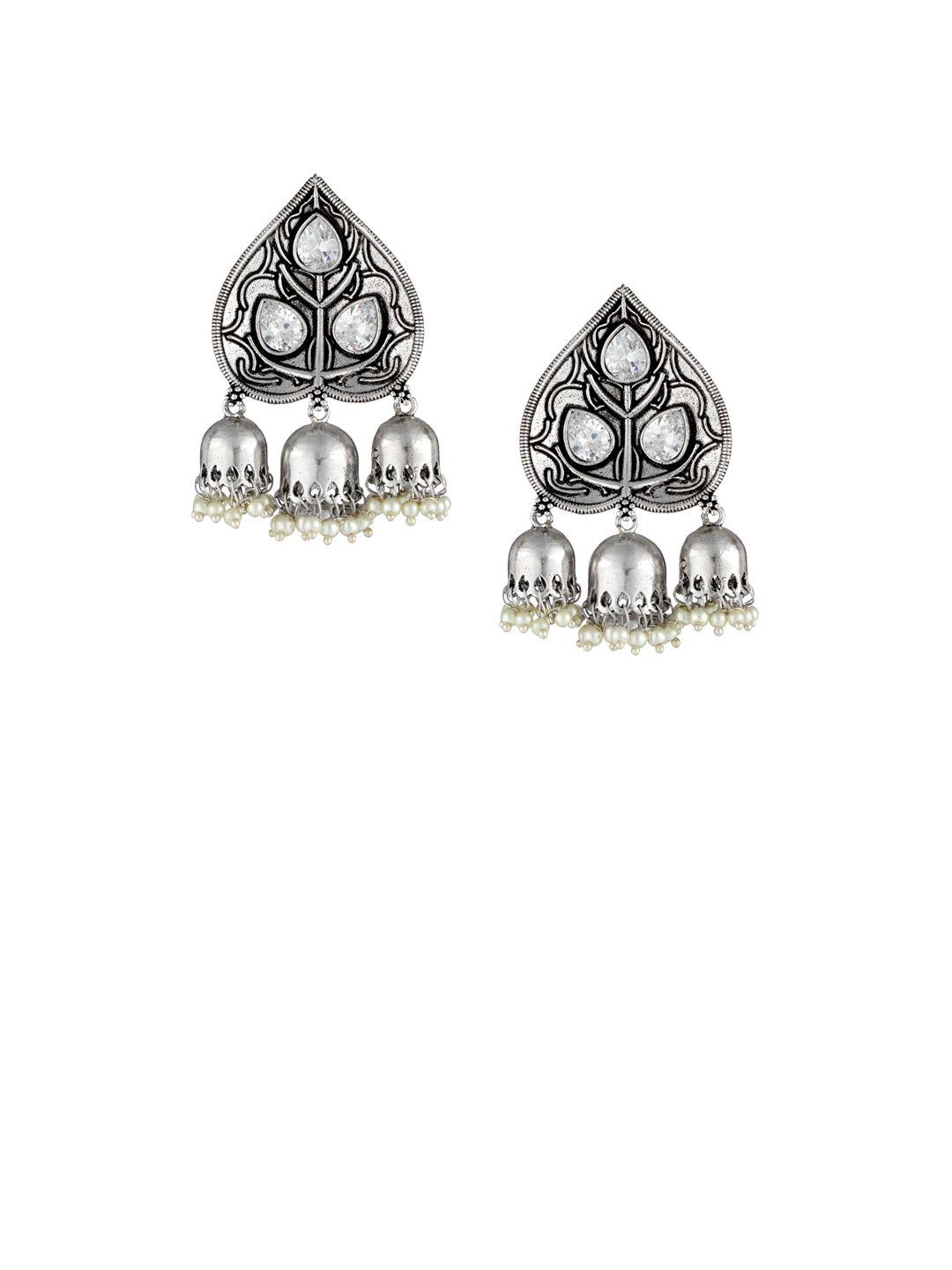 adwitiya collection silver-plated oxidised leaf shaped drop earrings