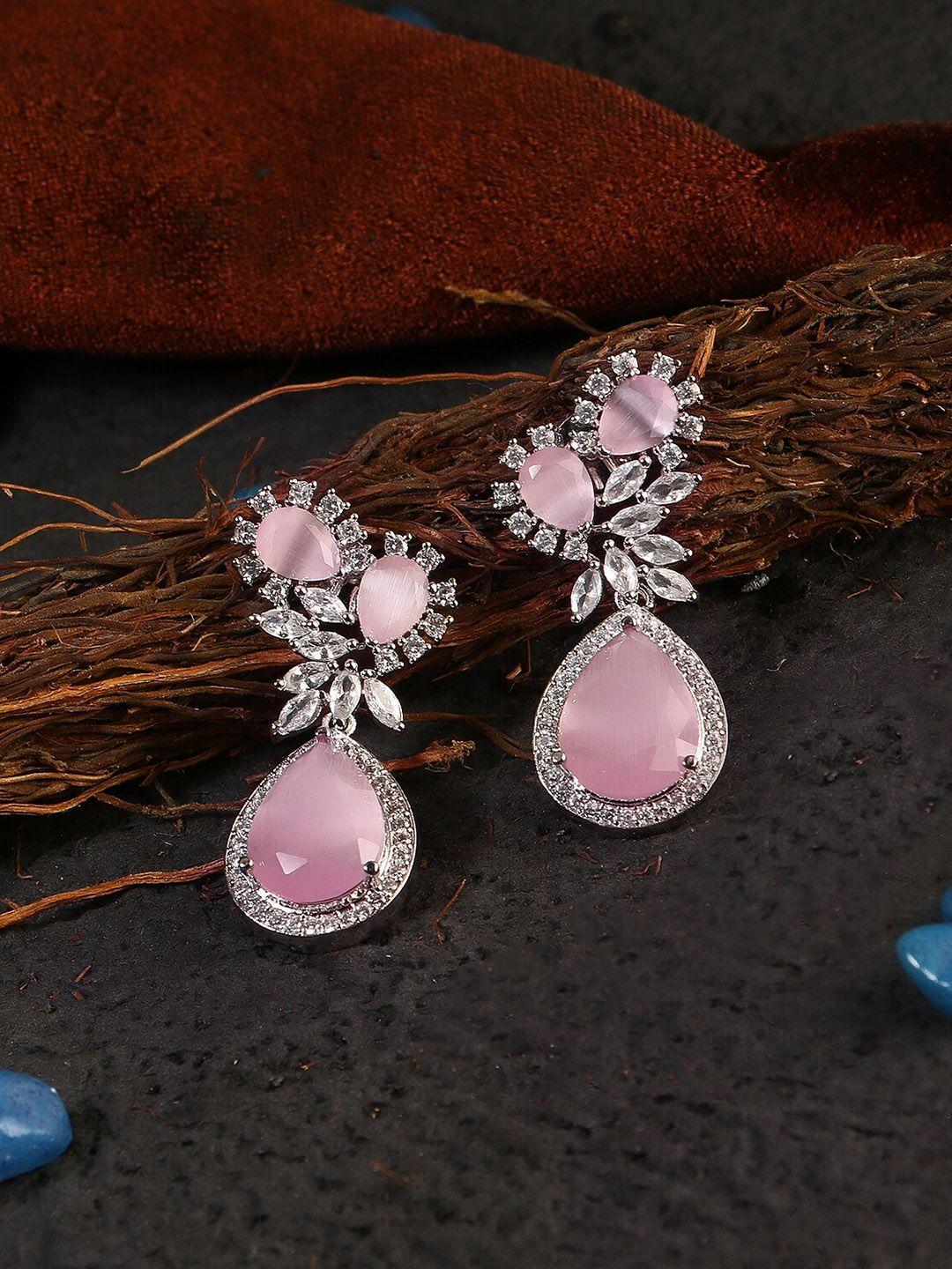 adwitiya collection silver-plated pink & white american diamond stone drop earrings