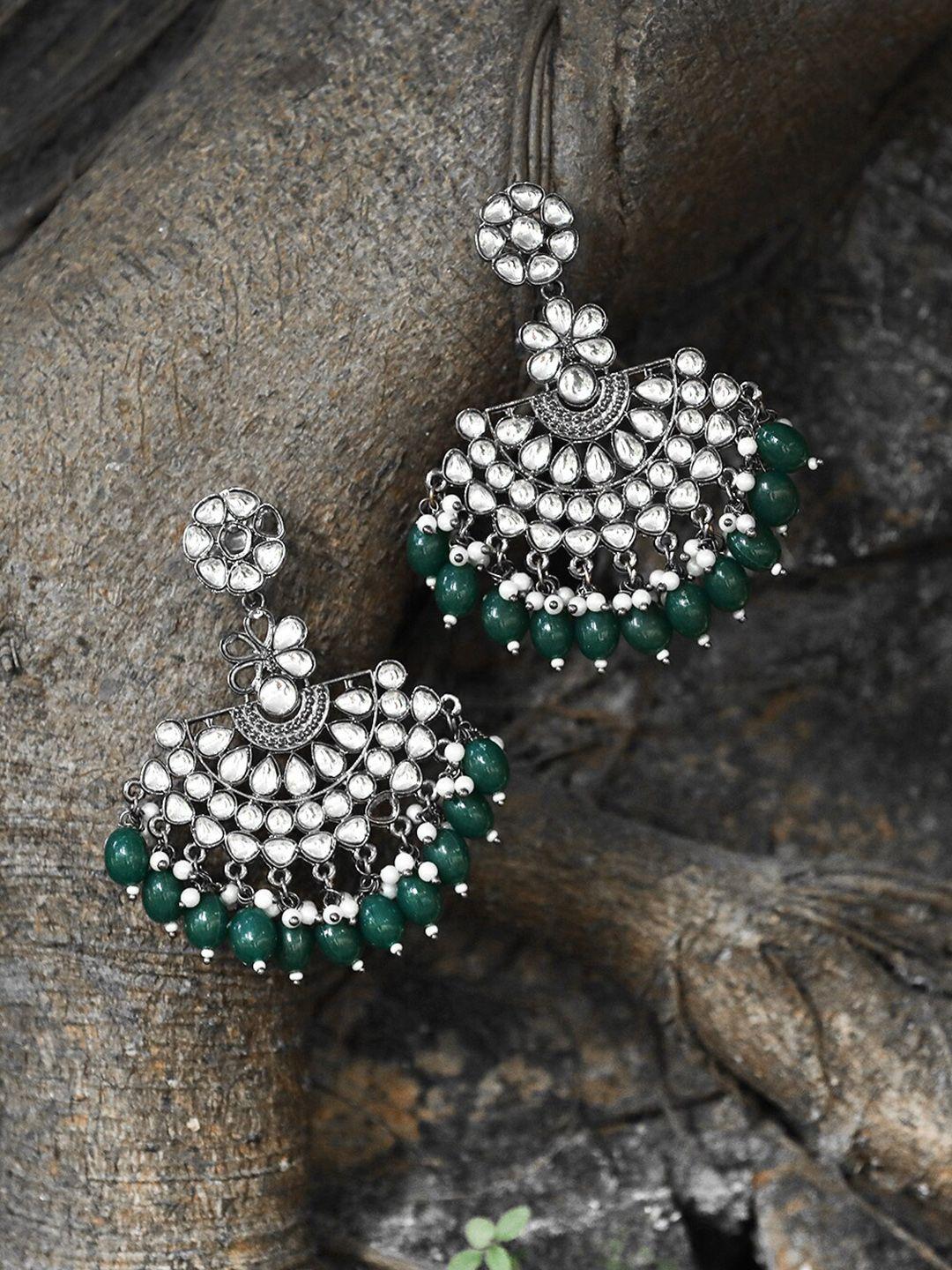 adwitiya collection silver-plated silver-toned & green contemporary jhumkas earrings