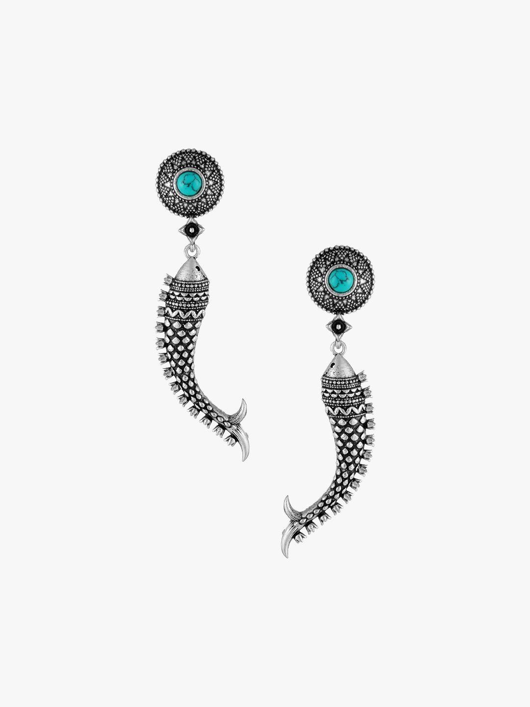 adwitiya collection silver-toned & blue quirky drop earrings