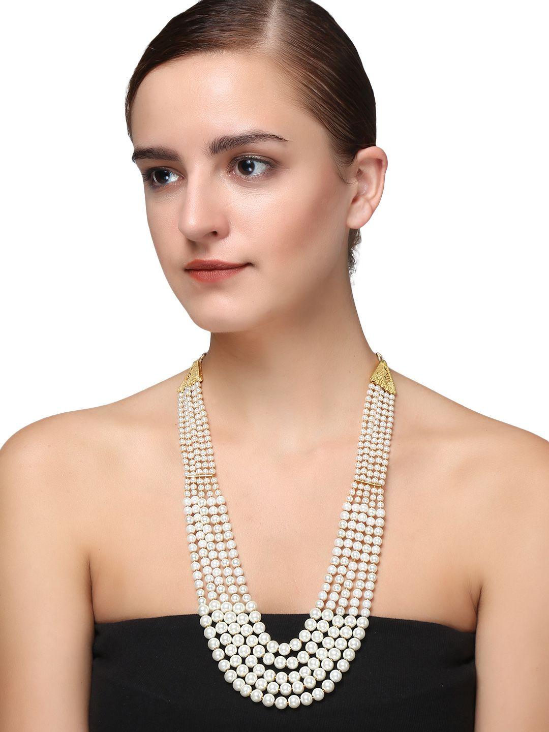 adwitiya collection white gold-plated antique pearl layered necklace