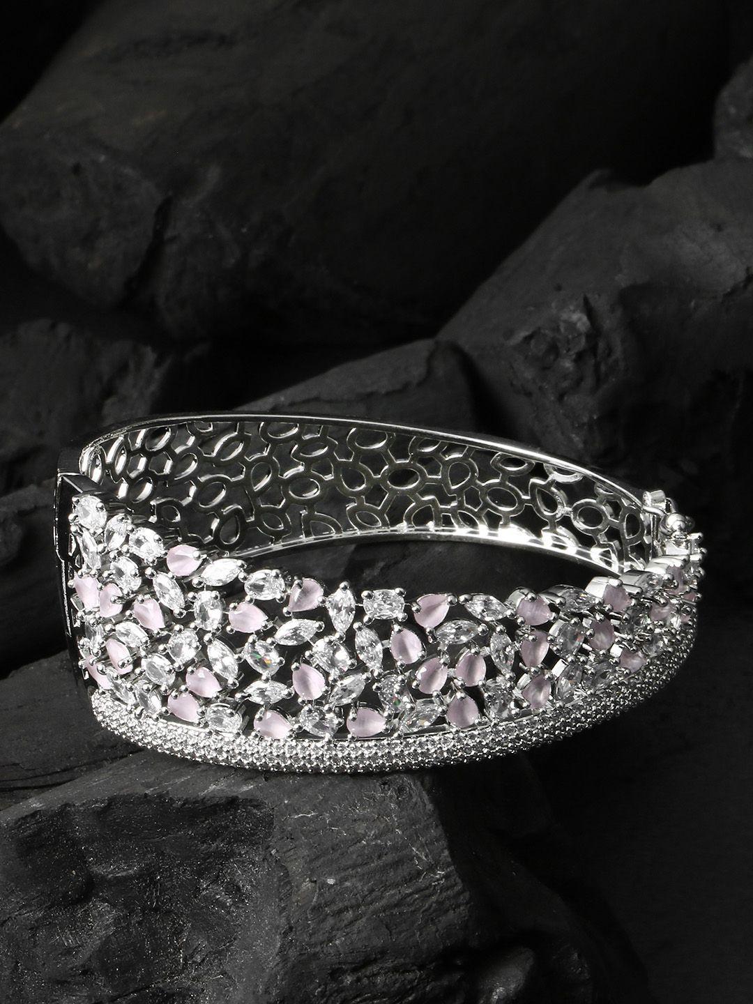 adwitiya collection women silver-toned & white brass cubic zirconia handcrafted rhodium-plated bangle-style bracelet