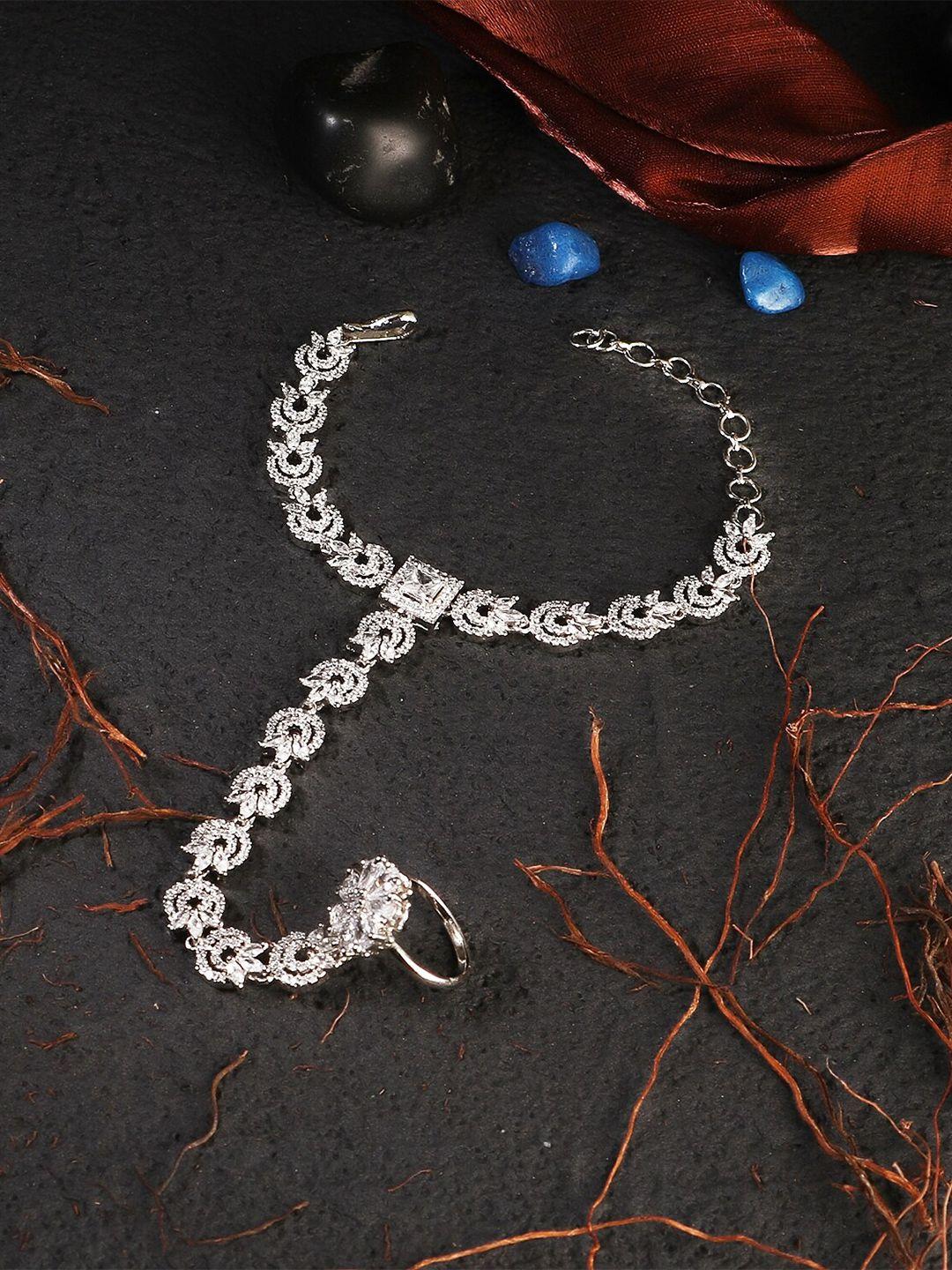 adwitiya collection women silver-toned & white brass rhodium-plated ring bracelet